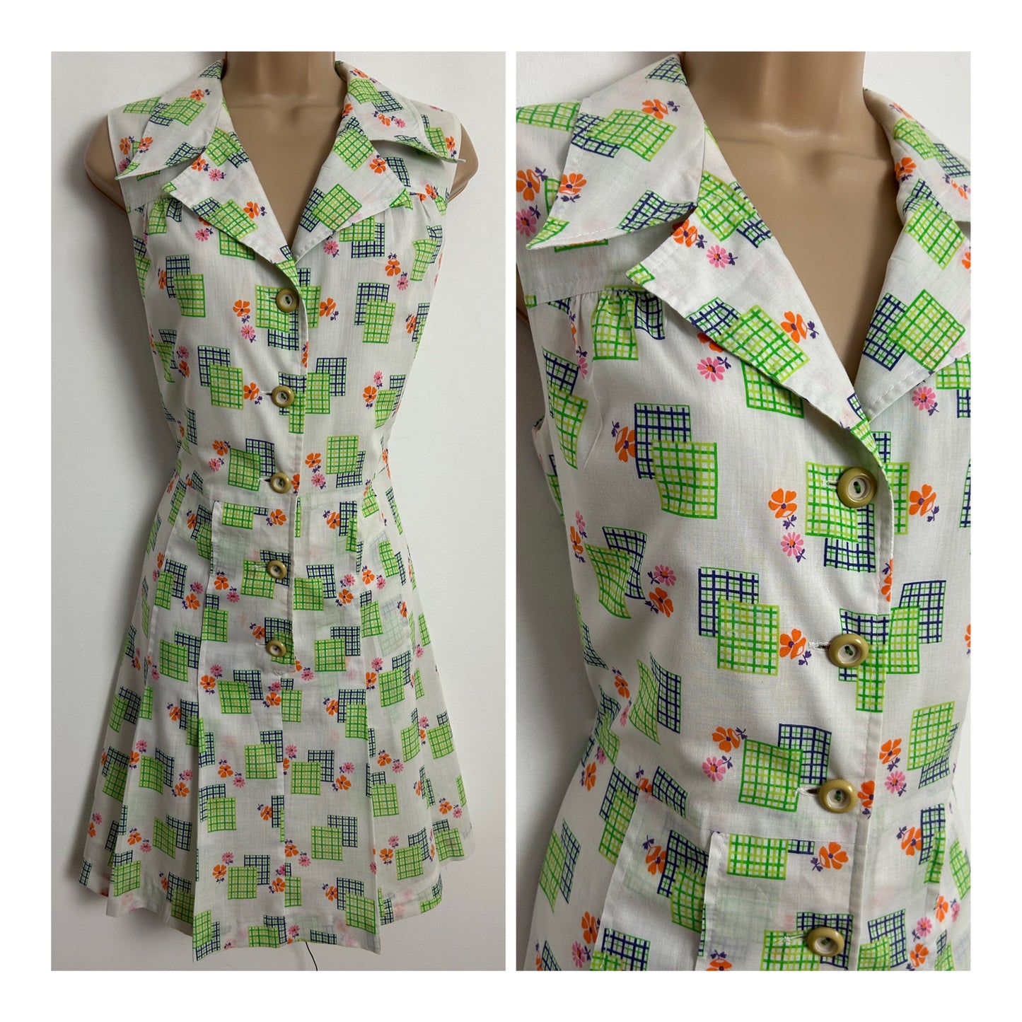 Vintage 1970s UK Size 12 White Green Orange & Pink Check & Floral Print Sleeveless Pleated Cotton Mix Summer Mod Dress