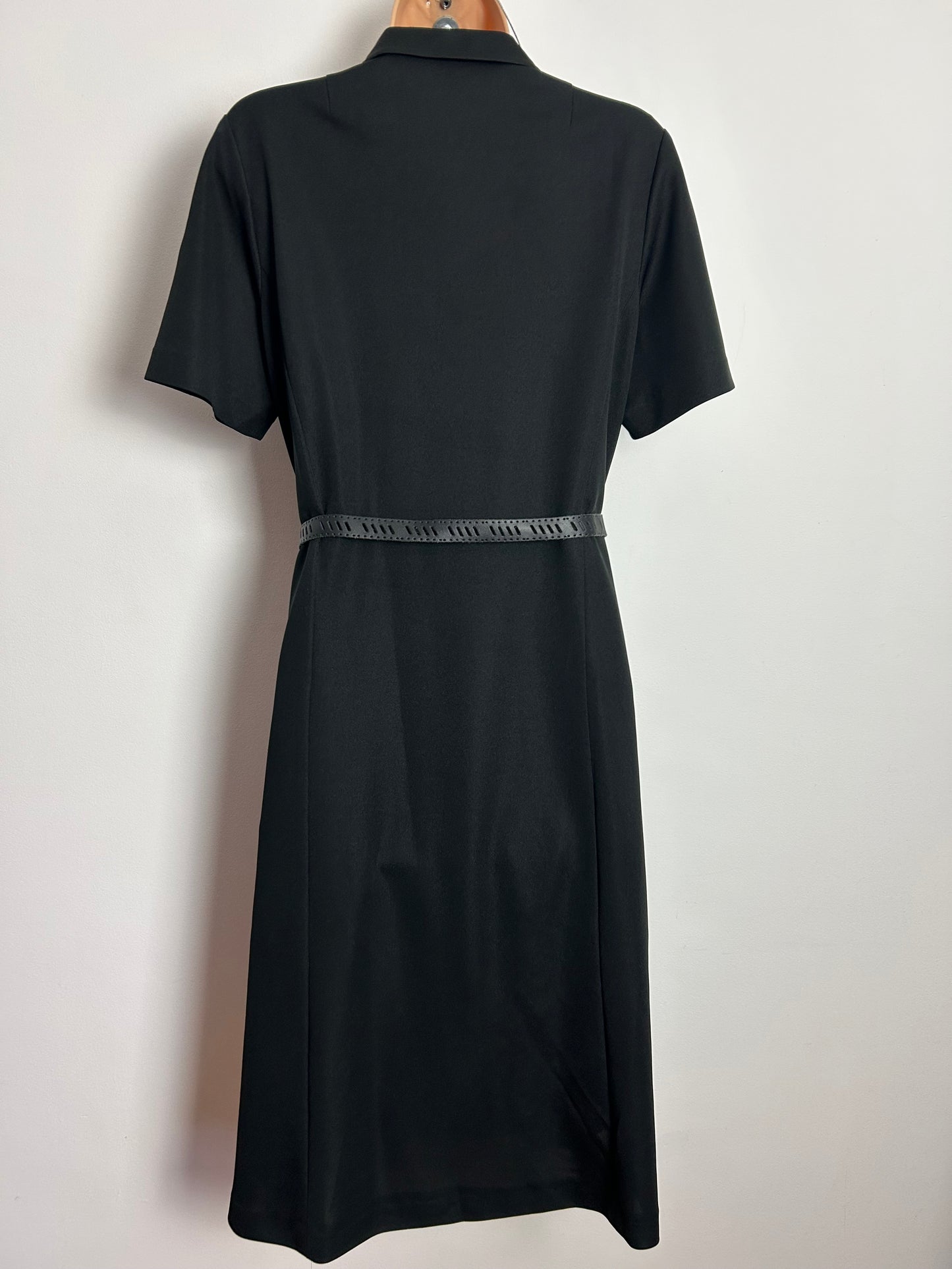 Vintage 1970s UK Size 12 Black Collared Mock Pocket Detail Belted Day Dress