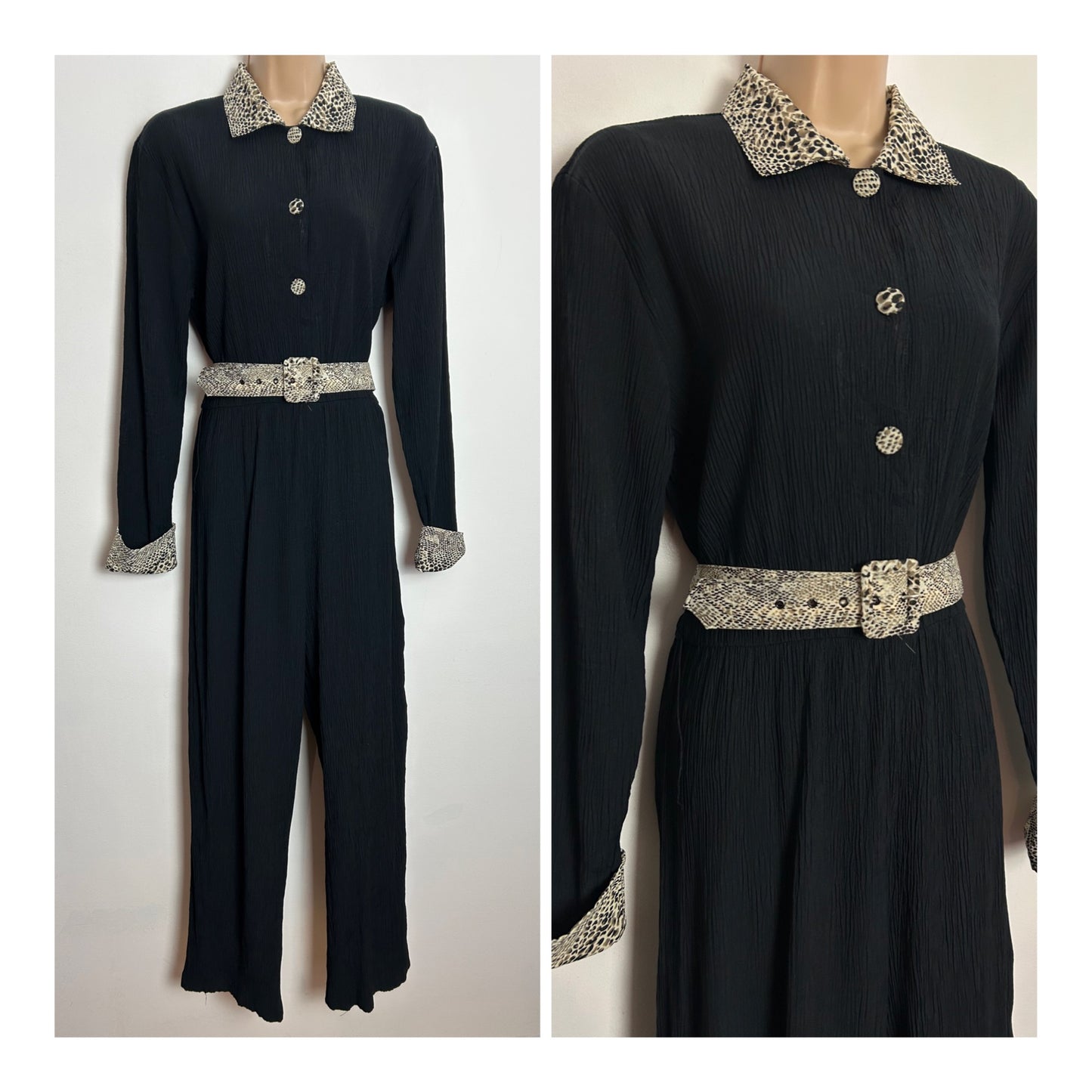 American Vintage 1980s VISAGE UK Size 12-14 Black Crinkle Fabric Leopard Print Contrast Belted Jumpsuit