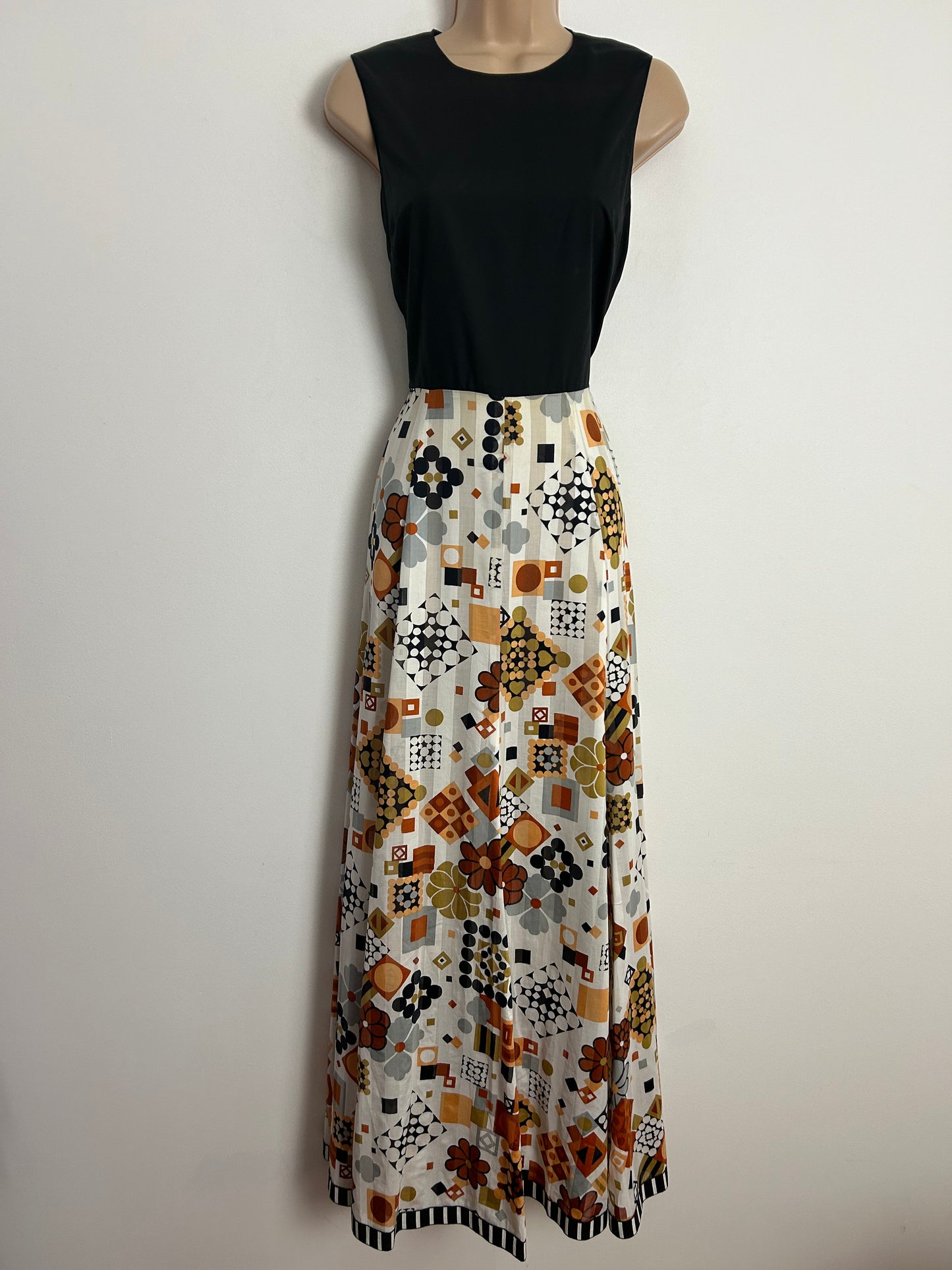 Vintage 1970s UK Size 8 Black White Rusty Brown Sandy Beige & Grey Floral Square & Spot Print Sleeveless Maxi Dress