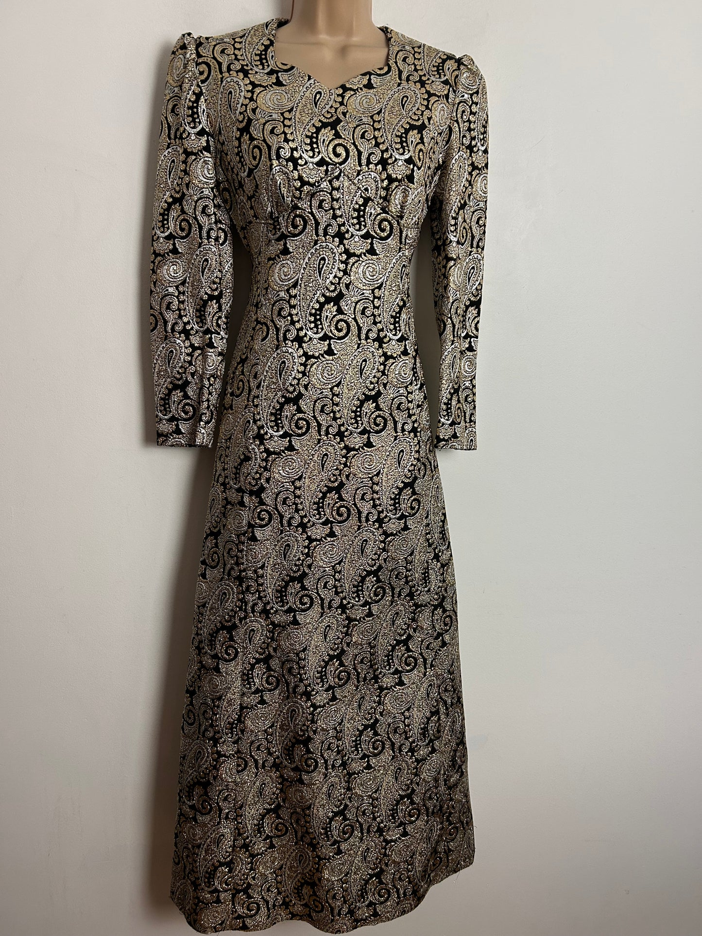 Vintage 1960s UK Size 8 Black Gold & Silver Metallic Lurex Brocade Occasion Evening Maxi Dress