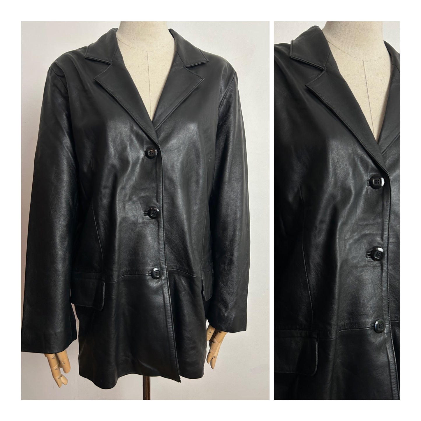 Vintage 1980s UK Size 14-16 Black Supple Leather Blazer Style Fully Lined Jacket
