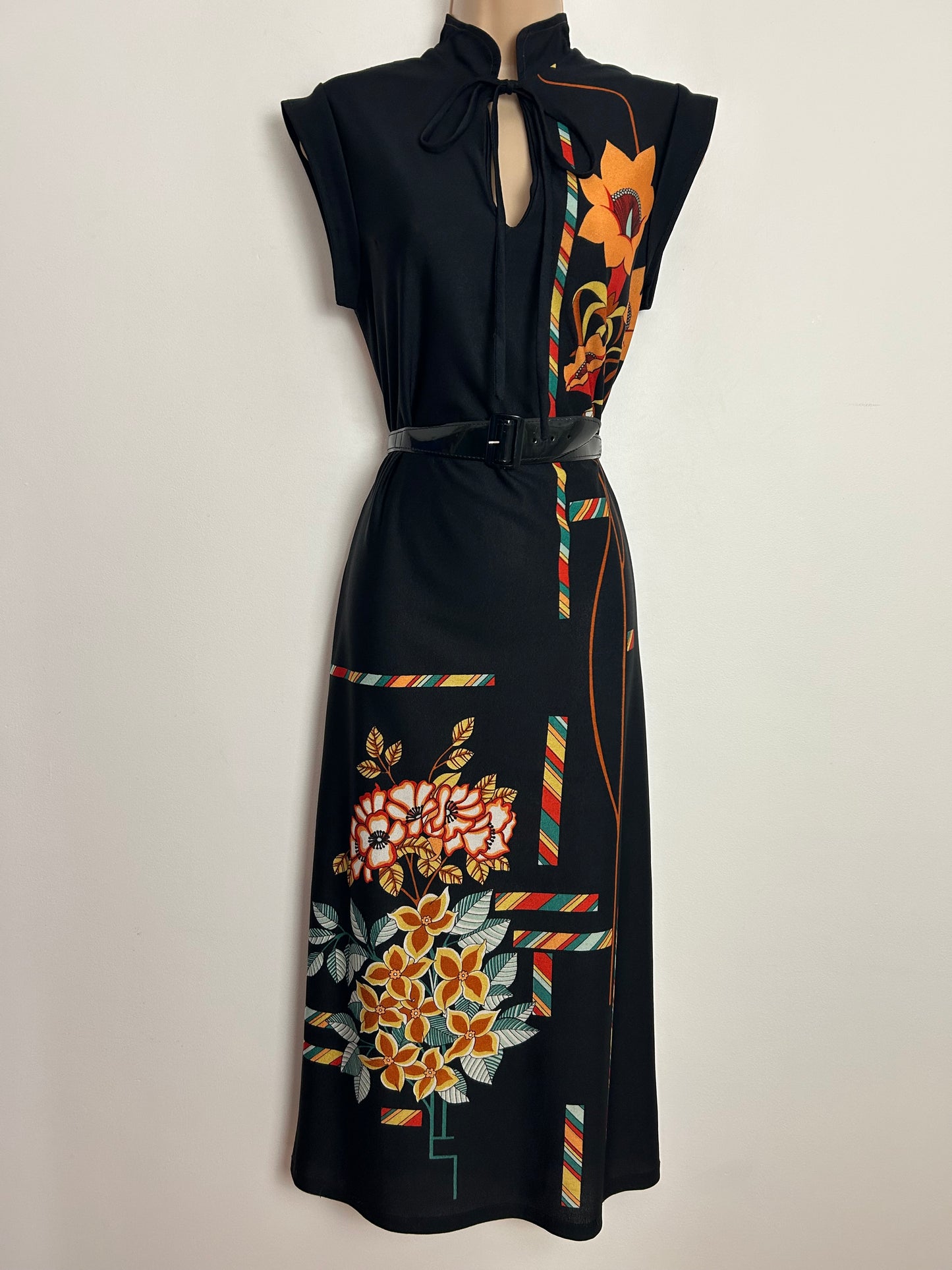 Vintage 1970s PAT FARRELL FOR FIONA DRESSES Size 10 Black Orange & Blue Floral & Stripe Print Belted Midi Dress