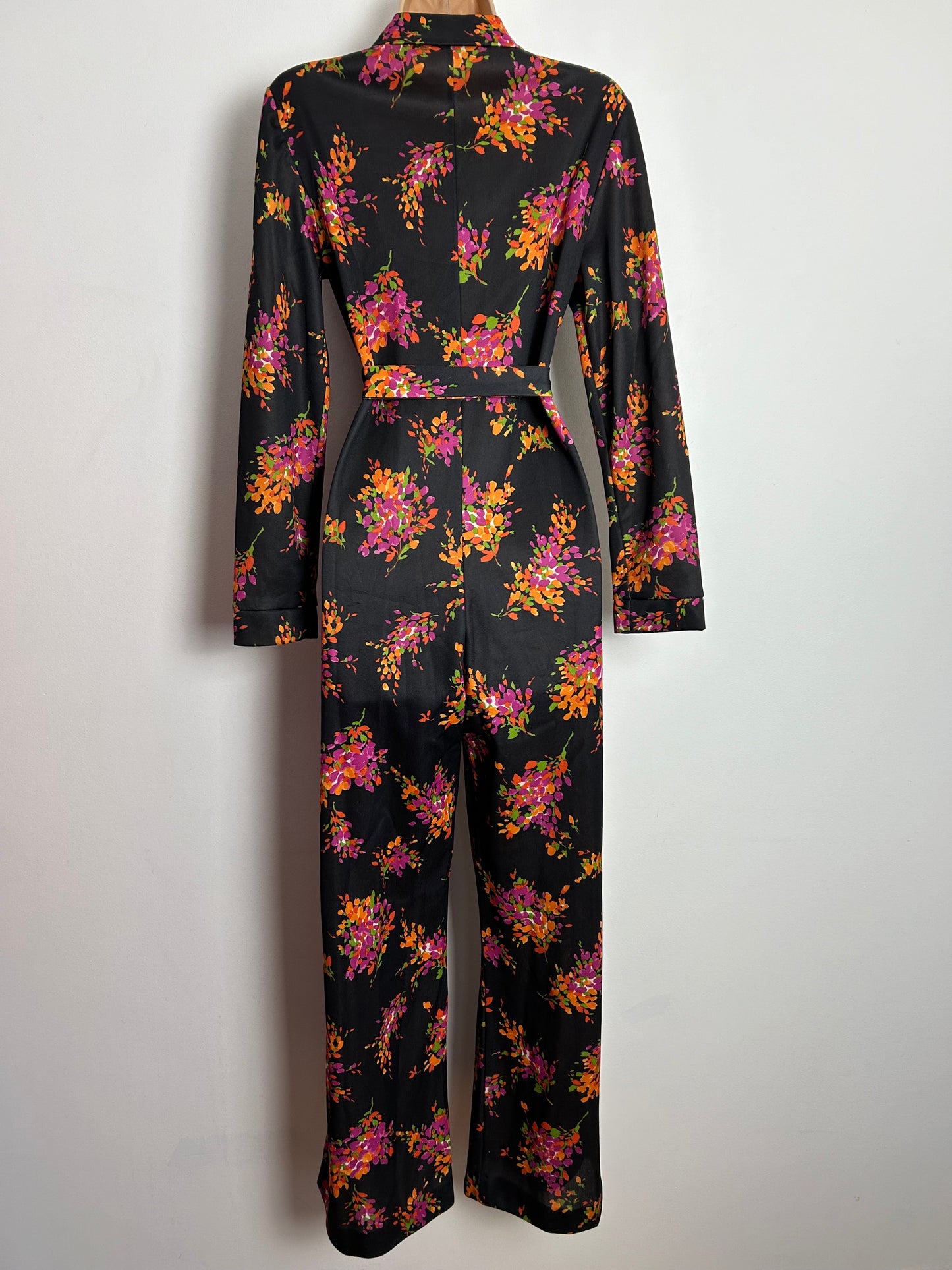 Vintage 1970s UK Size 10-12 Black Orange & Pink Floral Print Wide Leg Belted Jumpsuit