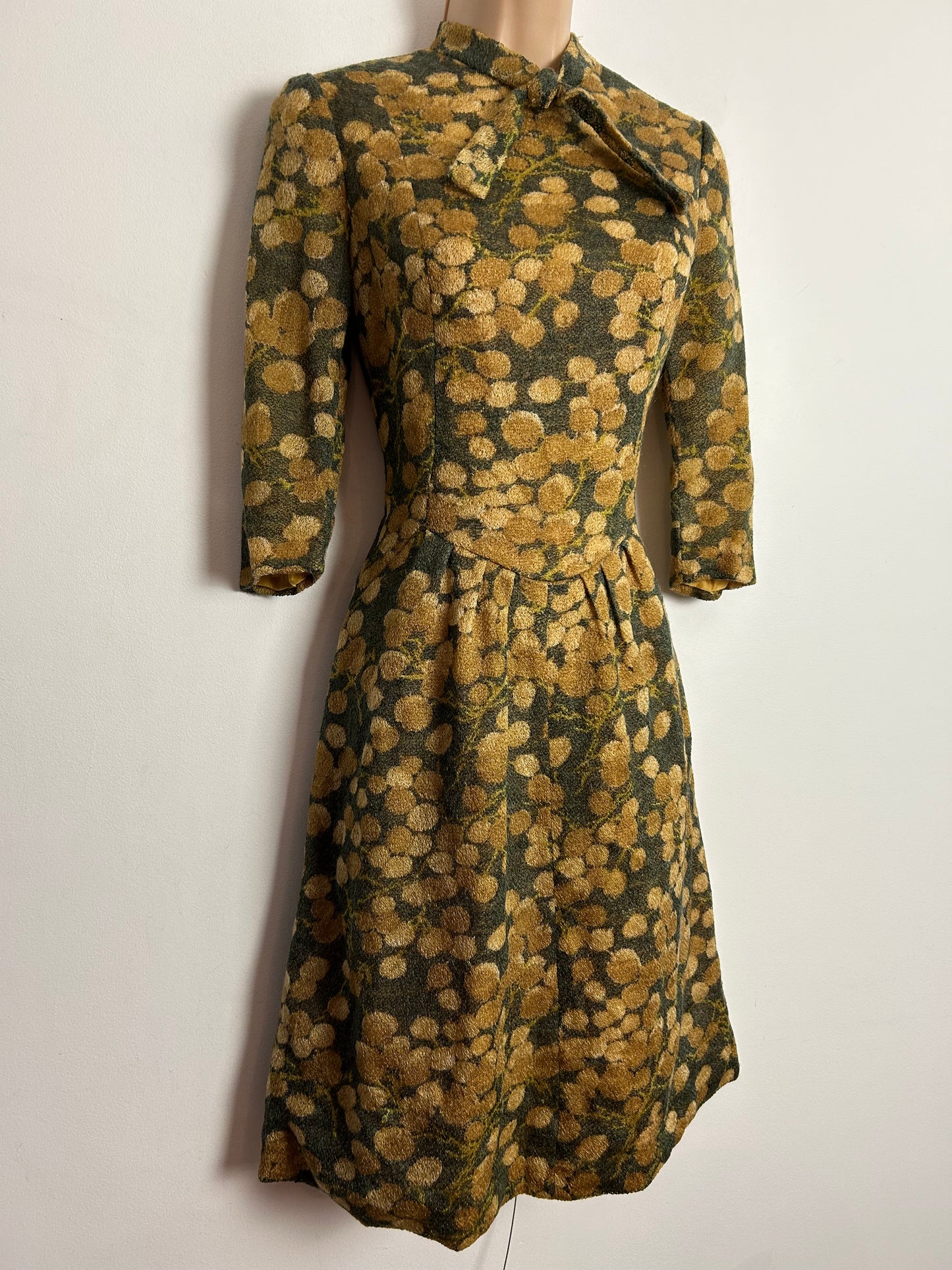 Vintage Early 1960s UK Size 8 Dark Grey & Tan Brown Abstract Floral Print Wool Mix Tie Neck Day Dress