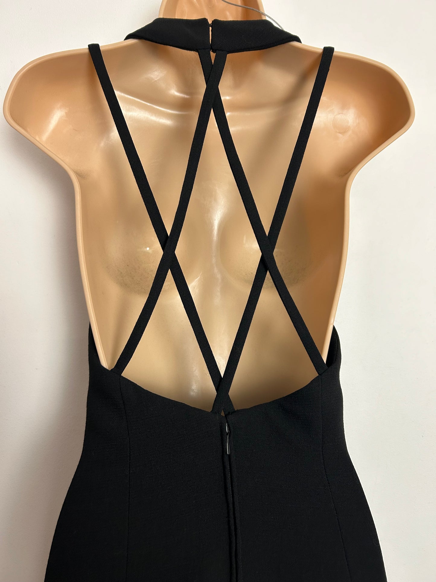 Vintage Early 1970s HASSO UK Size 10 Black Wool Mix Cage Back Occasion Evening Maxi Dress