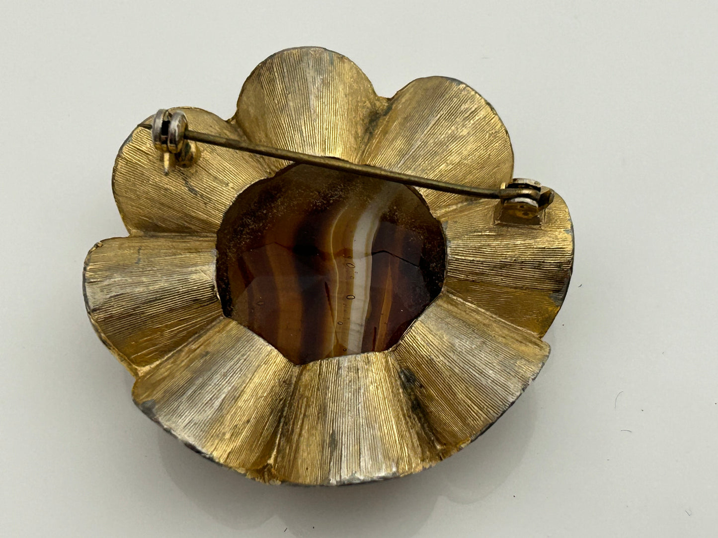Vintage 1960s Large Celtic Scottish Gold Tone Brown Banded Glass Brooch