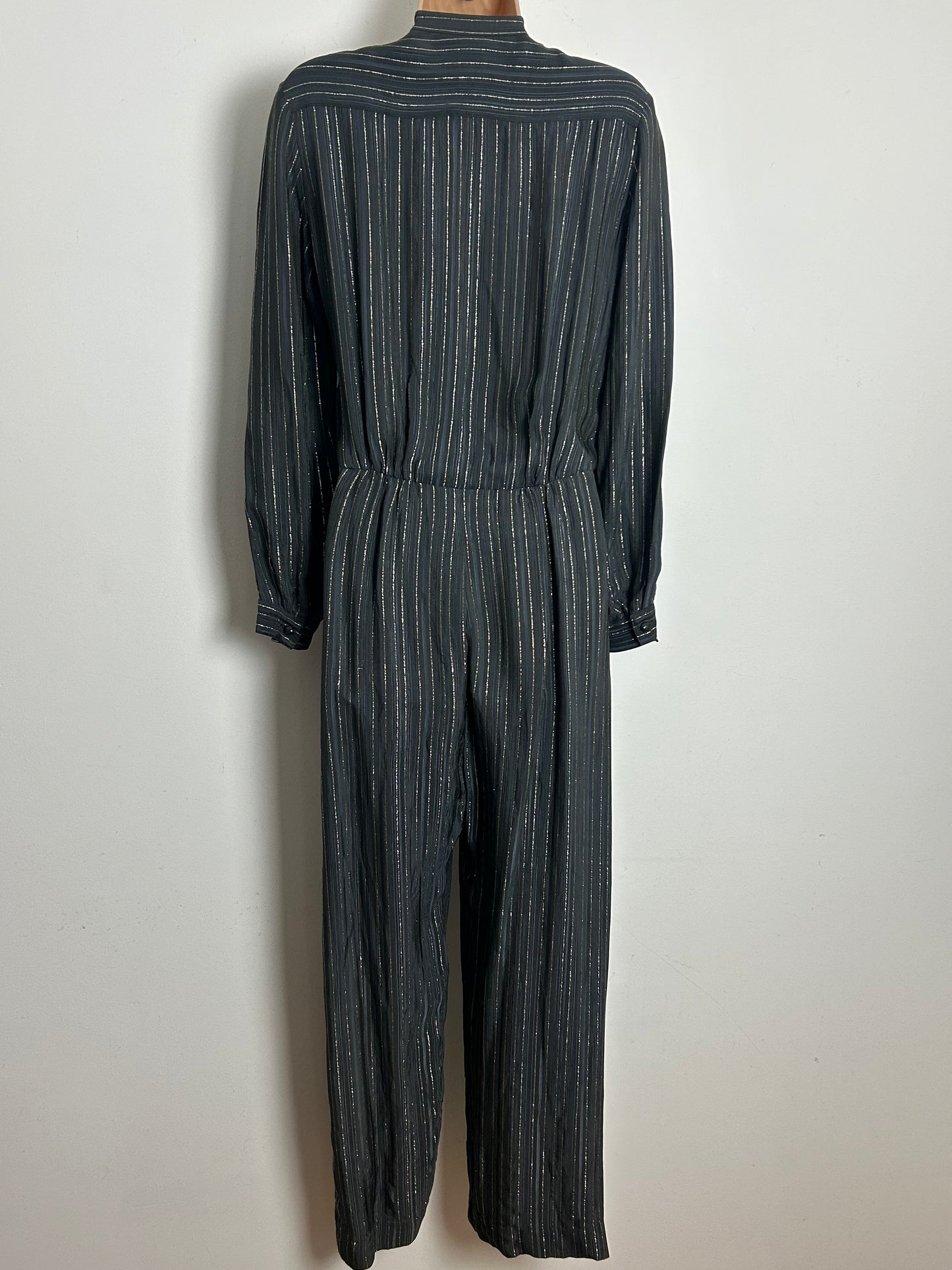 Vintage 1980s COUNTRY CASUALS Size 10 Dark Grey & Gold Pinstripe Long Sleeve Jumpsuit