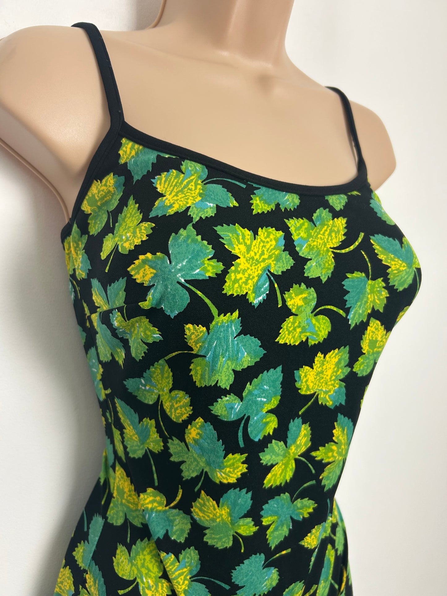Vintage Late 1960s SYMPHONIE Size 10 Black Green & Yellow Leaf Print One Piece Swimsuit