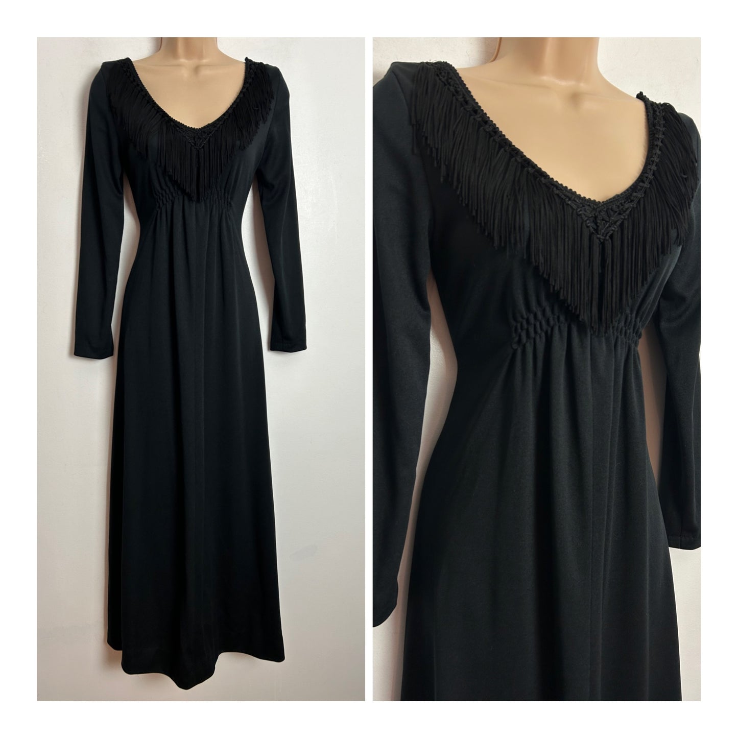 Vintage 1970S YOUNG IDEAS BY RHONA ROY UK Size 6 Black Fringed Detail Long Sleeve Evening Maxi Dress
