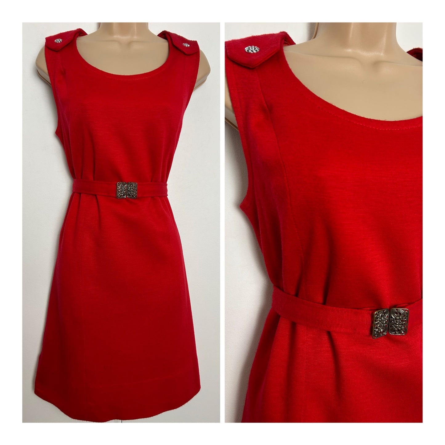 Vintage 1960s Size 12 Red Wool Jersey Sleeveless Belted Mod Dress