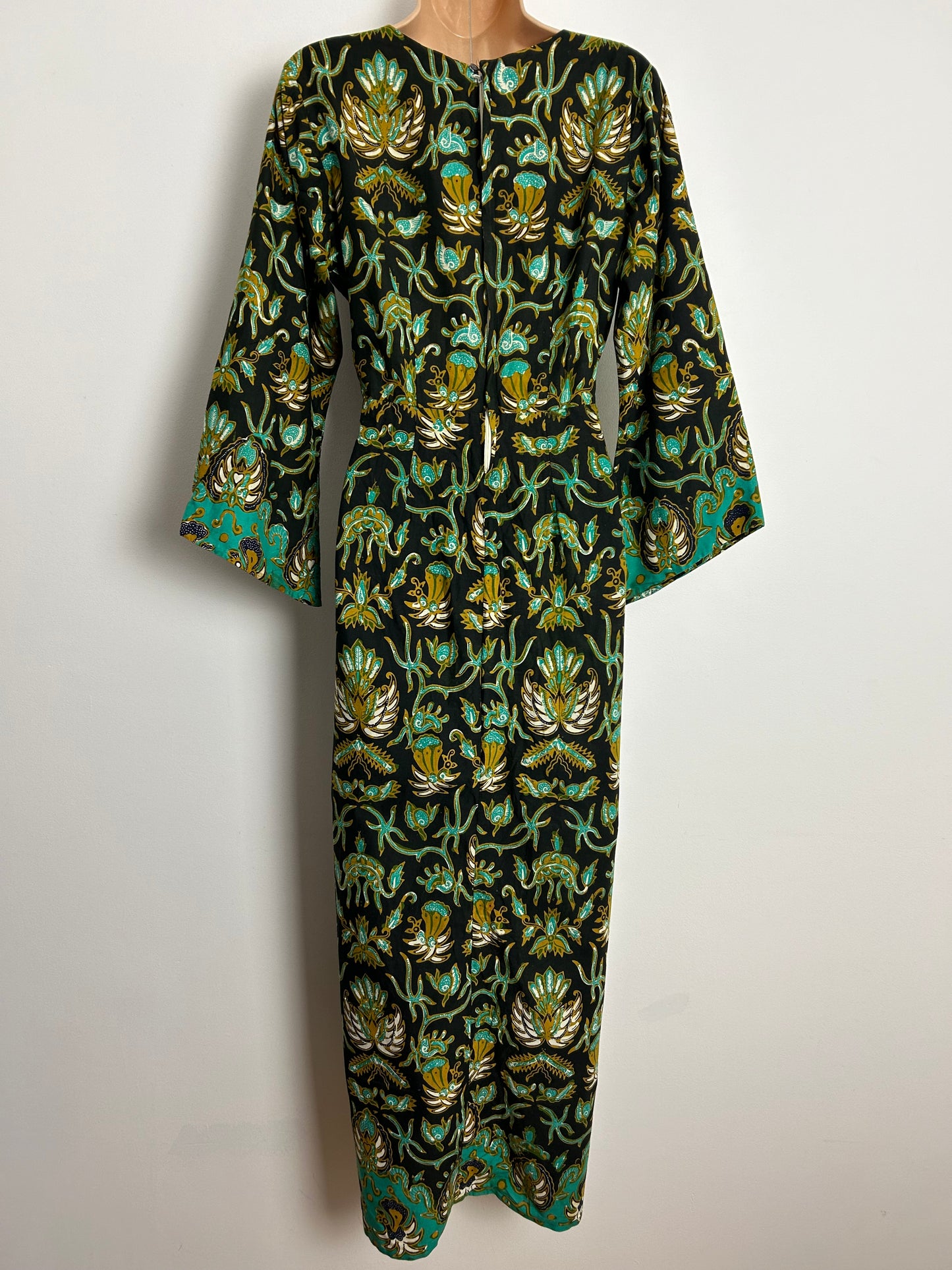 Vintage 1970s UK Size 12 Black Turquoise Green & Tan Brown African Wax Print Cotton Maxi Dress