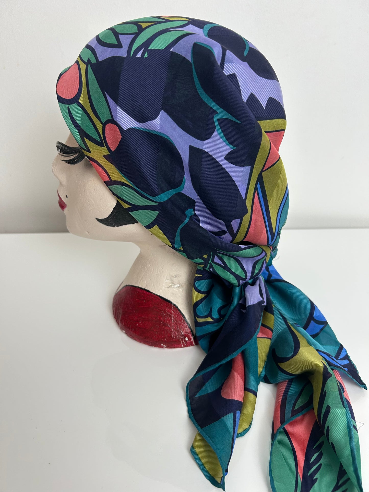 Vintage PATRICK STOFFEL Teal Green Orange & Lilac Tree & Mountain Print Collectable Silk Scarf 90cm x 87cm