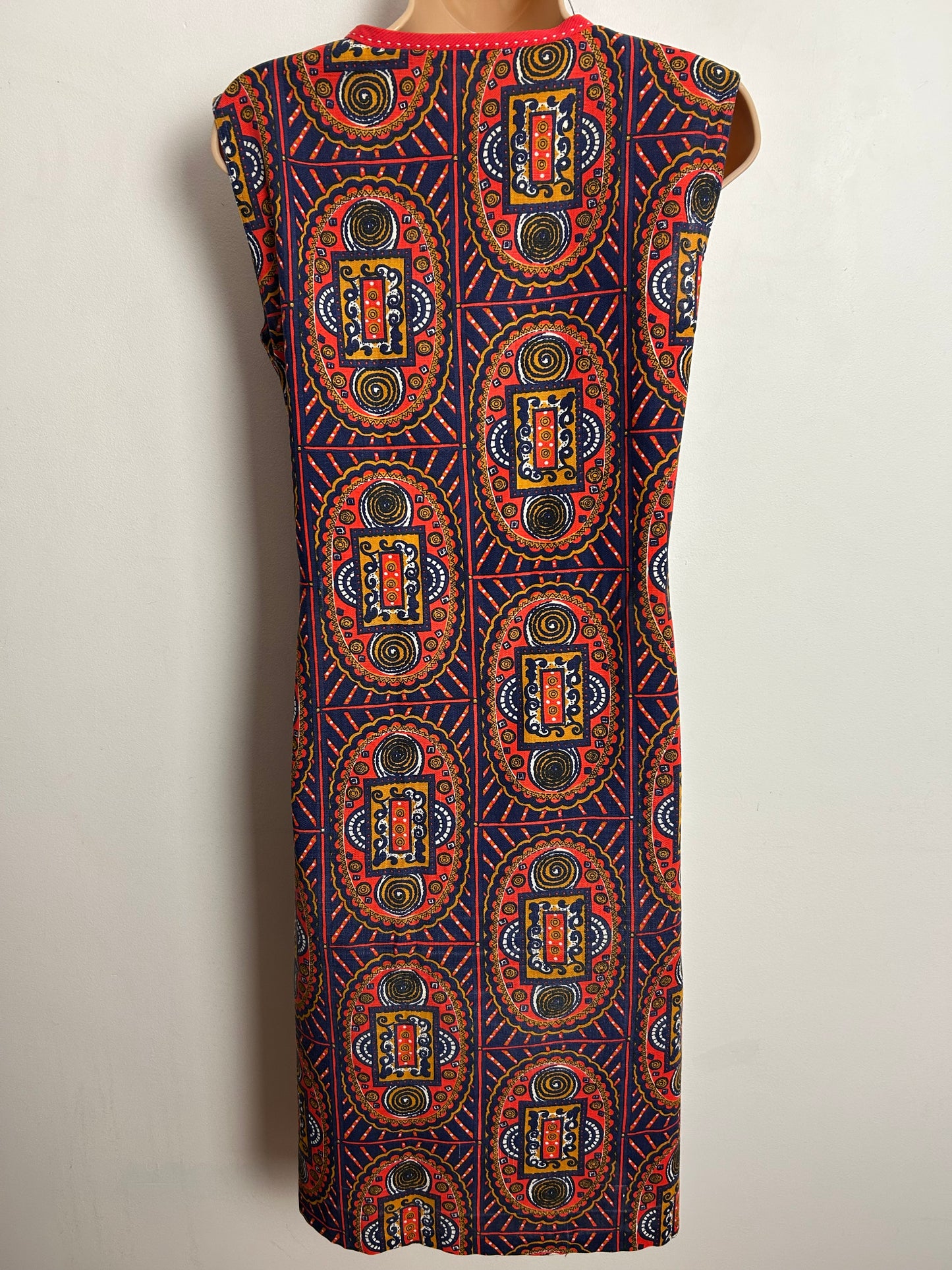 Vintage 1960s UK Size 10-12 Navy Blue Red & Mustard Abstract Print Cotton Sleeveless Shift Dress