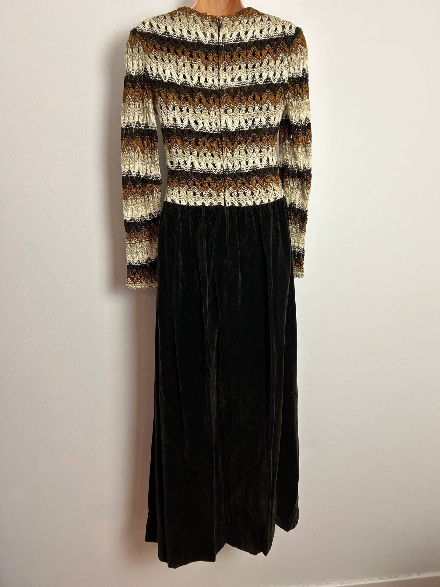 Vintage 1970s HEKO LE SIGNE DE PARIS UK Size 6-8 Brown Cream & Beige Woven Wool & Velvet Long Sleeve Maxi Dress