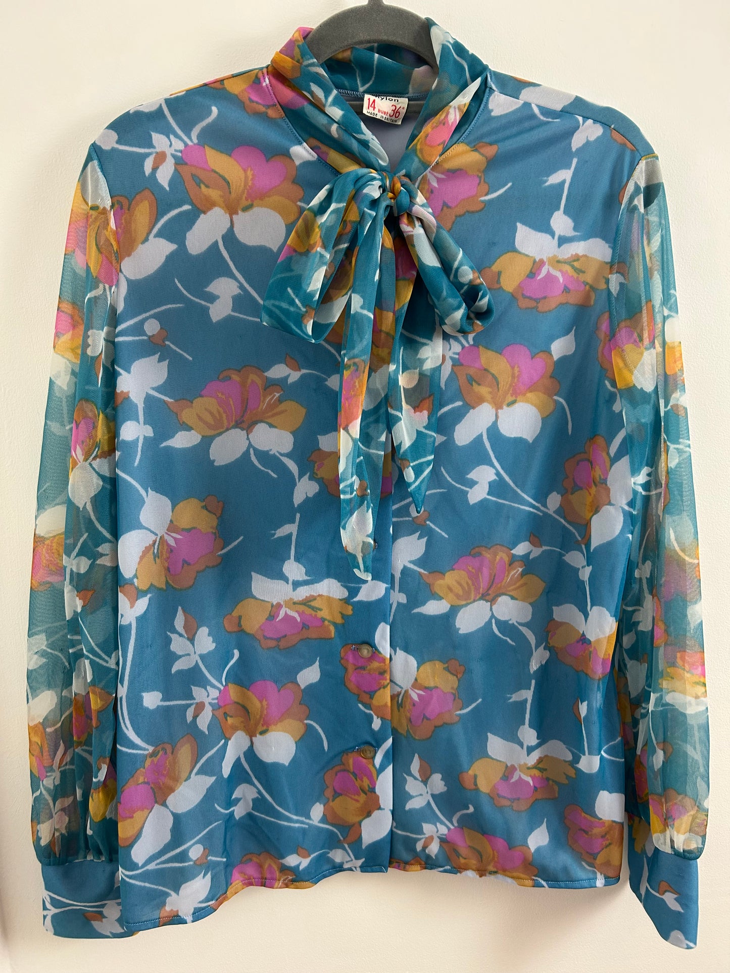 Vintage 1960s 1970s ST MICHAEL Size 12-14 Blue Orange & Pink Floral Nylon Pussy Bow Long Sleeve Shirt