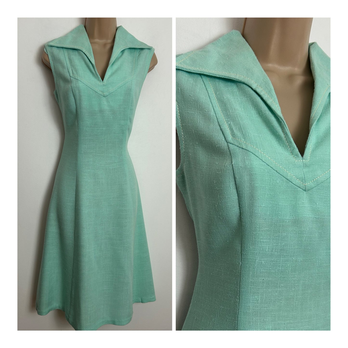 Vintage 1960s STRELITZ Size 8-10 Mint Green Sleeveless Moygashel Fabric Mod Shift Dress