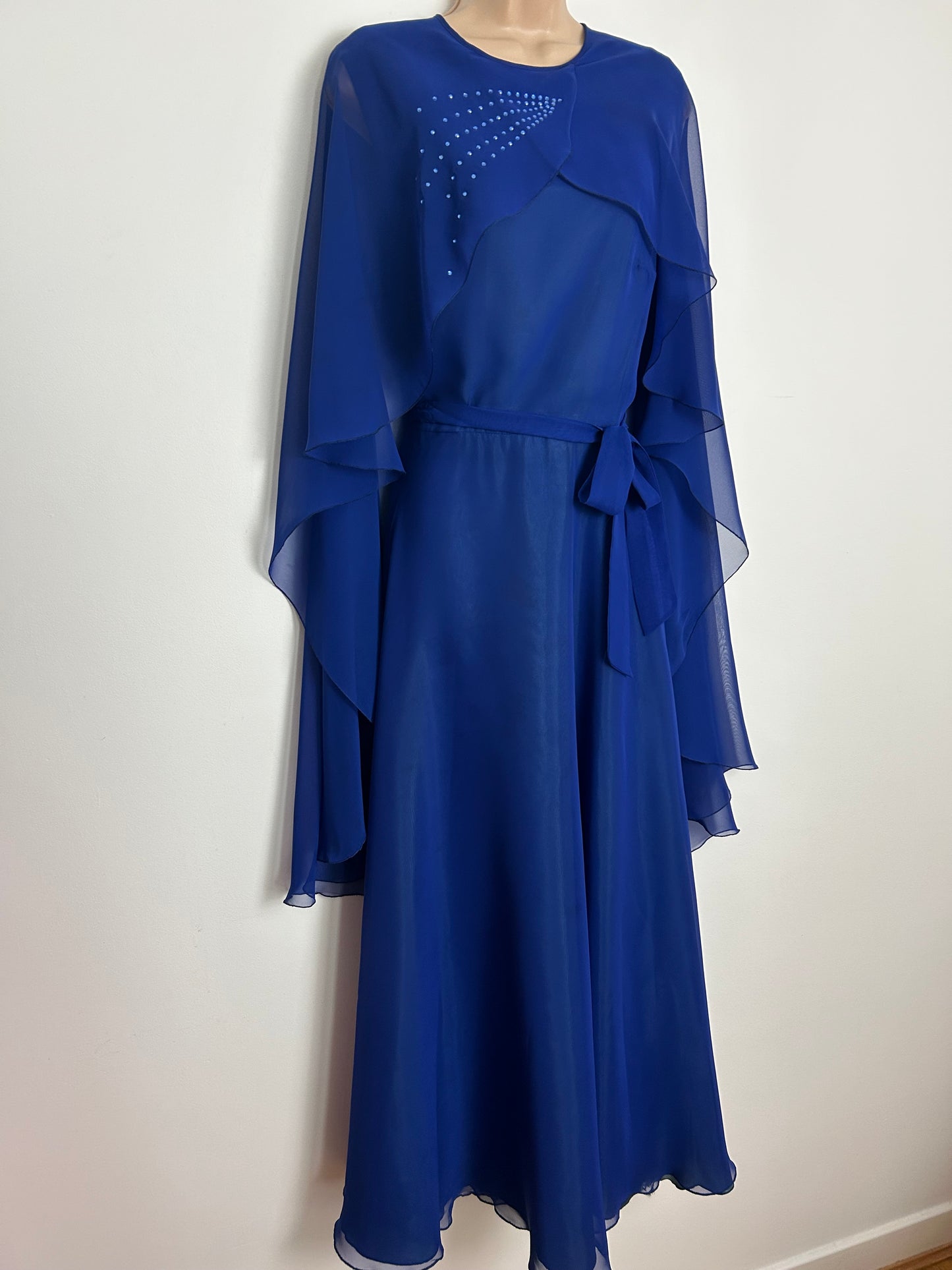 Vintage Late 1970s Size 12 Royal Blue Chiffon Rhinestone Detail Cape Sleeve Belted Occasion Evening Maxi Dress
