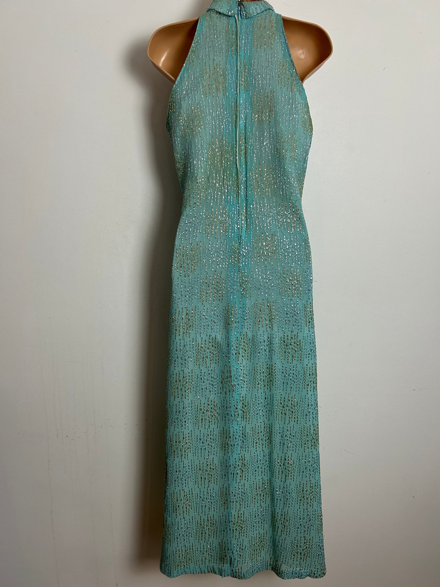 Vintage 1960s Size 8 Pale Duck Egg Blue Gold & Silver Thread Occasion Evening Maxi Dress