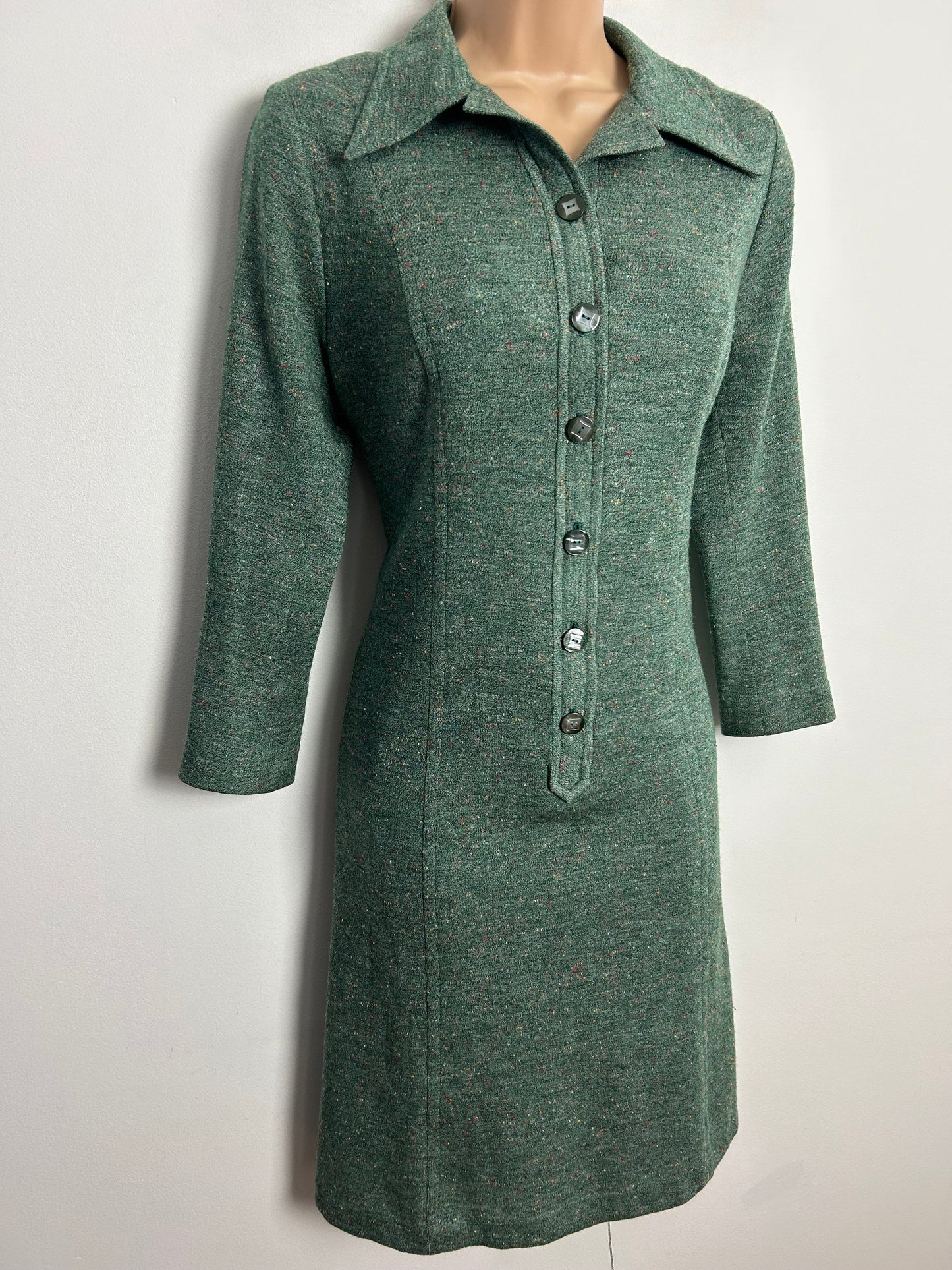 Vintage 1970s UK Size 12 Green Fleck Mod Long Sleeve Wool Jersey Day Dress