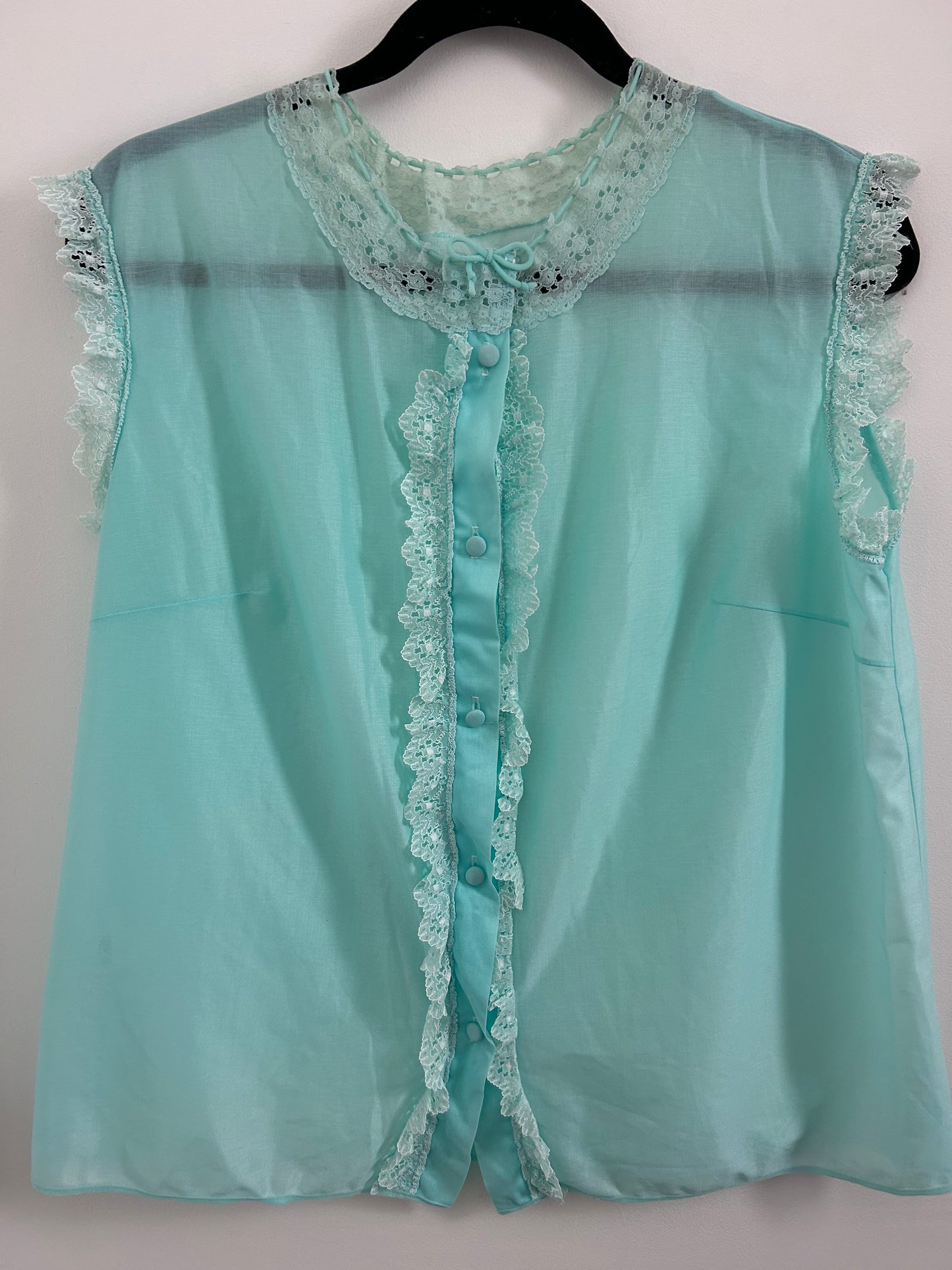Vintage 1960s Size 16 Ice Blue Sleeveless Lace Trim Nylon Button Through Blouse Top
