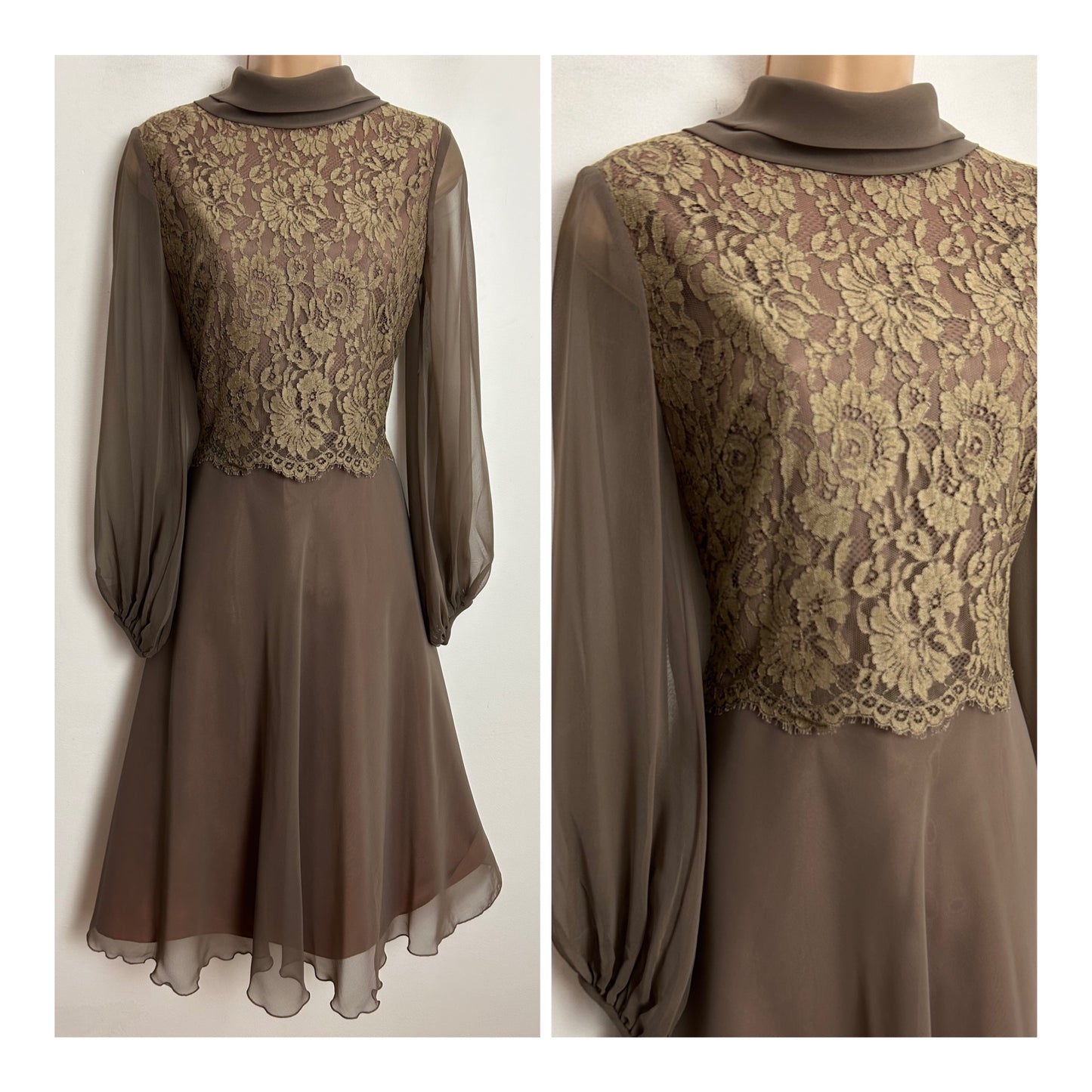 Vintage 1960s PEGGY FRENCH COUTURE UK Size 8 Taupe Brown Lace Bodice Chiffon Occasion Dress