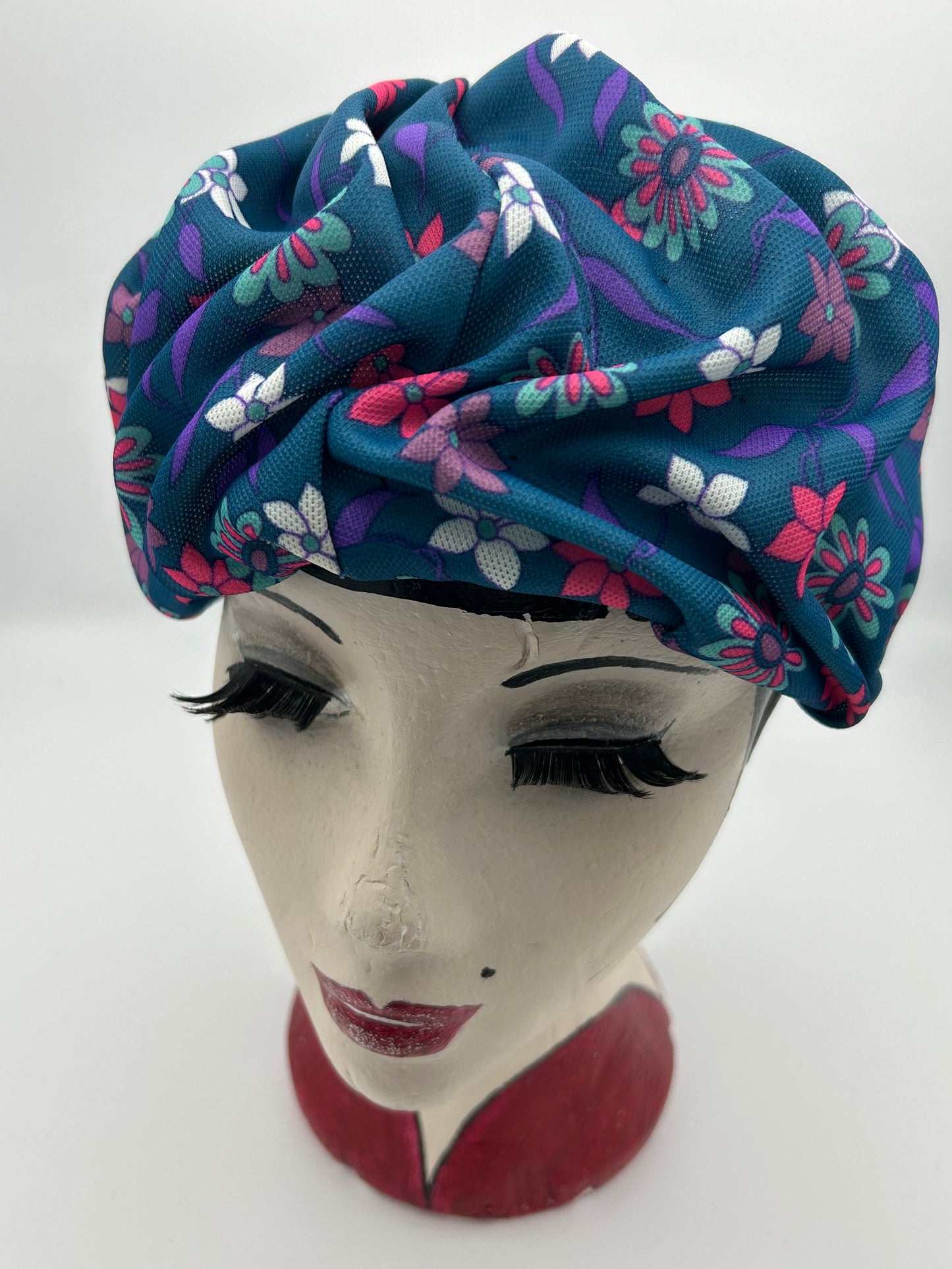 Vintage 1960s Petrol Blue Pink & Purple Floral Print Pleated Turban Style Pill Box Hat