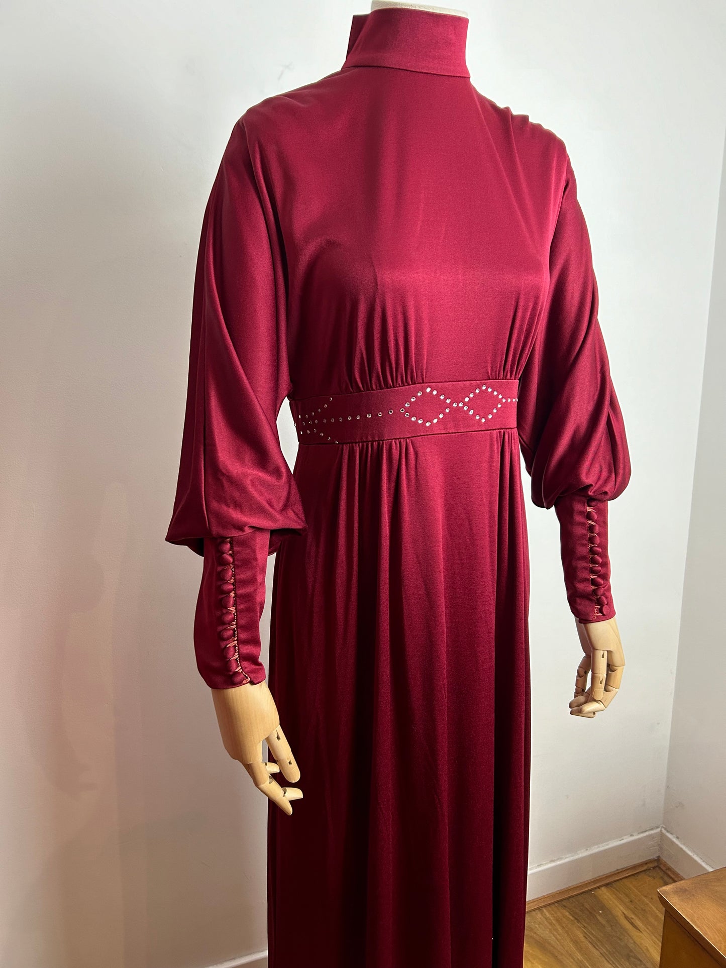 Vintage Late 1970s COCKTAIL HOFFMAN UK Size 12 Dark Red Long Dolman Sleeve Tight Cuffs Rhinestone Detail Occasion Evening Maxi Dress