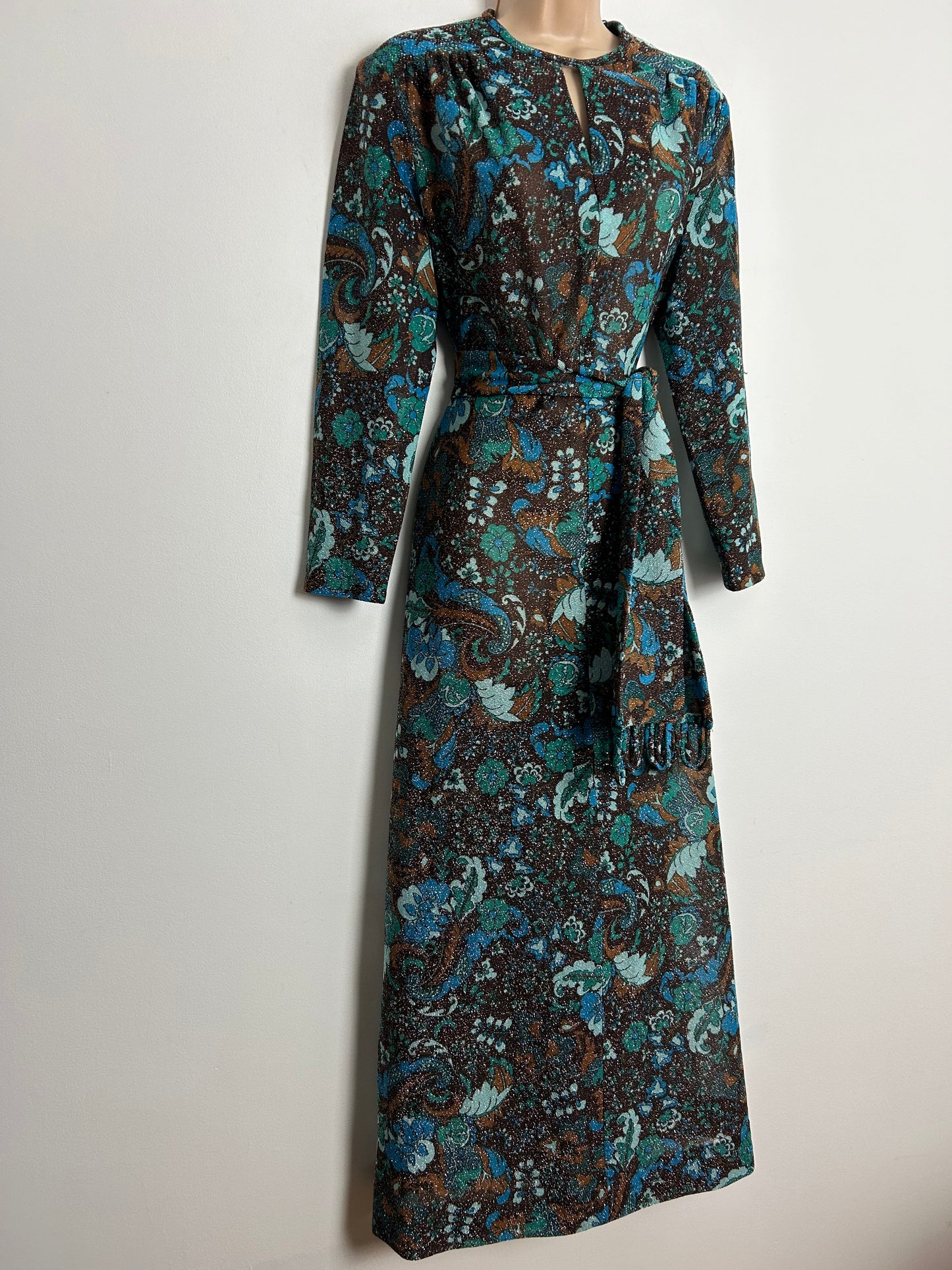 Vintage 1960s CARNEGIE OF LONDON UK Size 16-18 Brown Blue & Green Floral Print Glittery Lurex Belted Occasion Maxi Dress