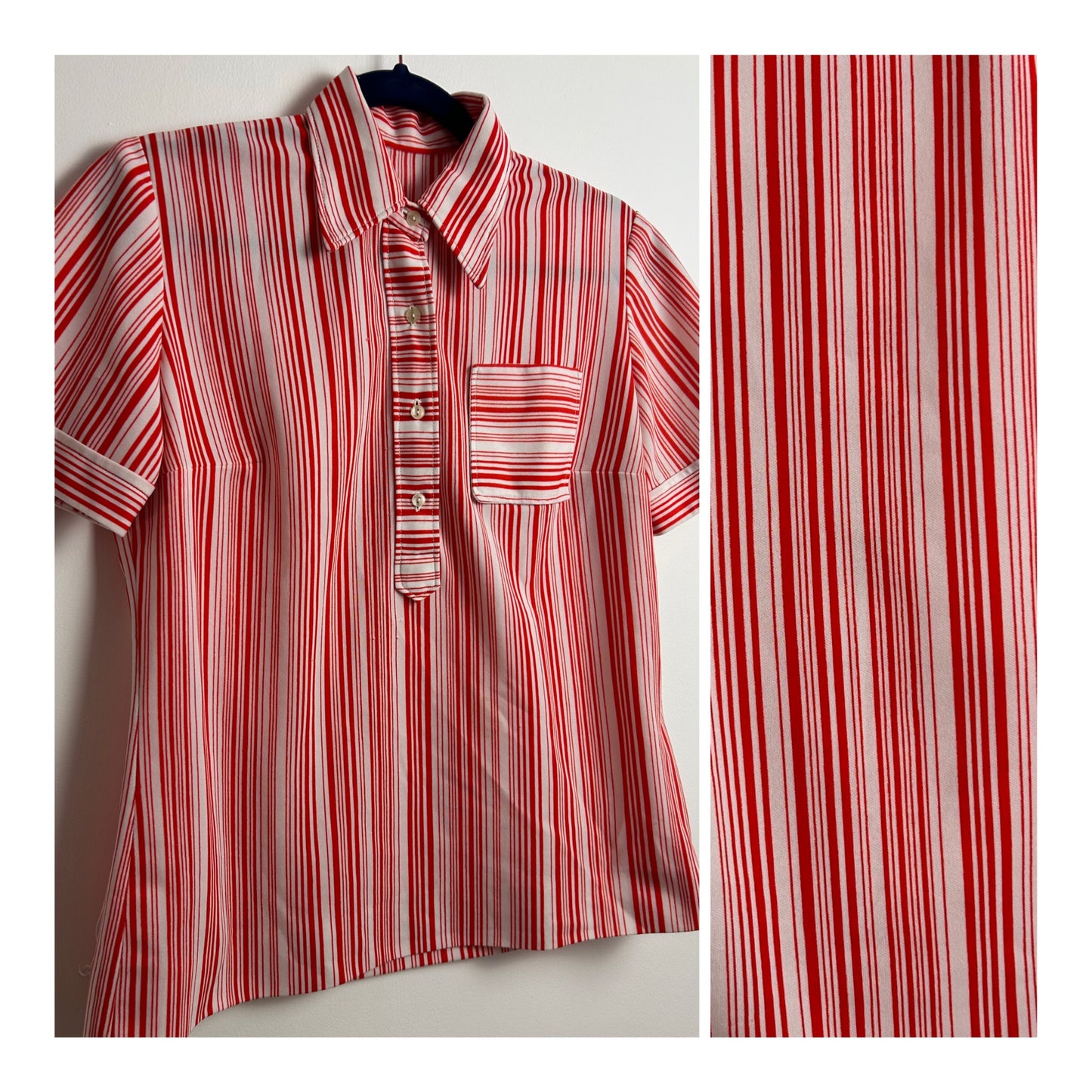 Vintage 1970s Size 14 Red & White Stripe Print Short Sleeve Pocket Detail Shirt