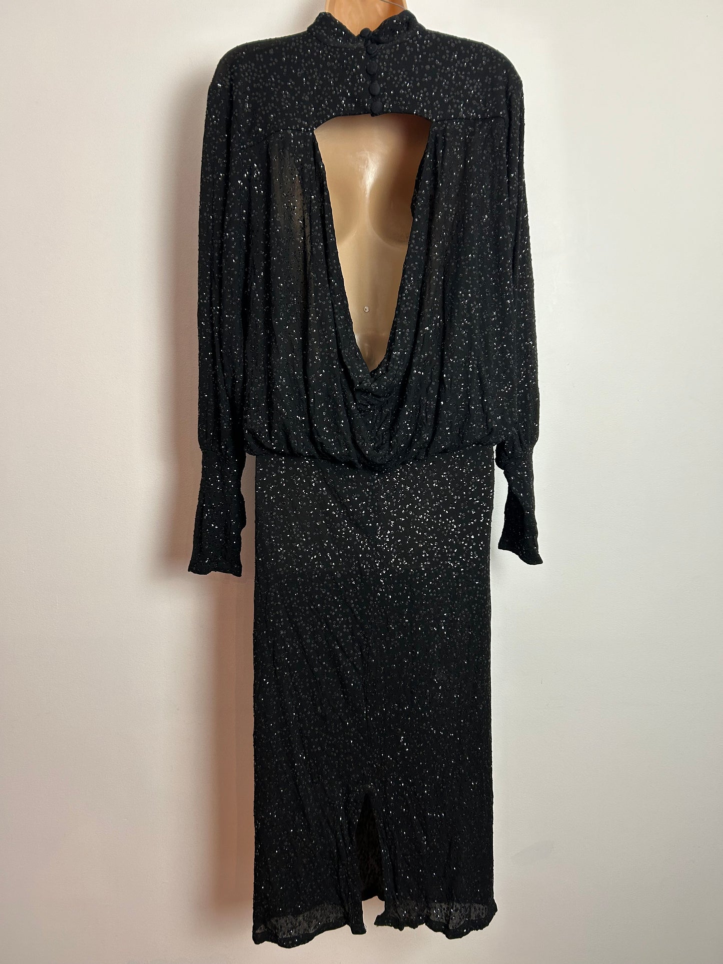Vintage 1980s WALLIS EXCLUSIVE UK Size 10 Black Sequin Long Bat Wing Sleeve Open Drape Back Evening Party Dress