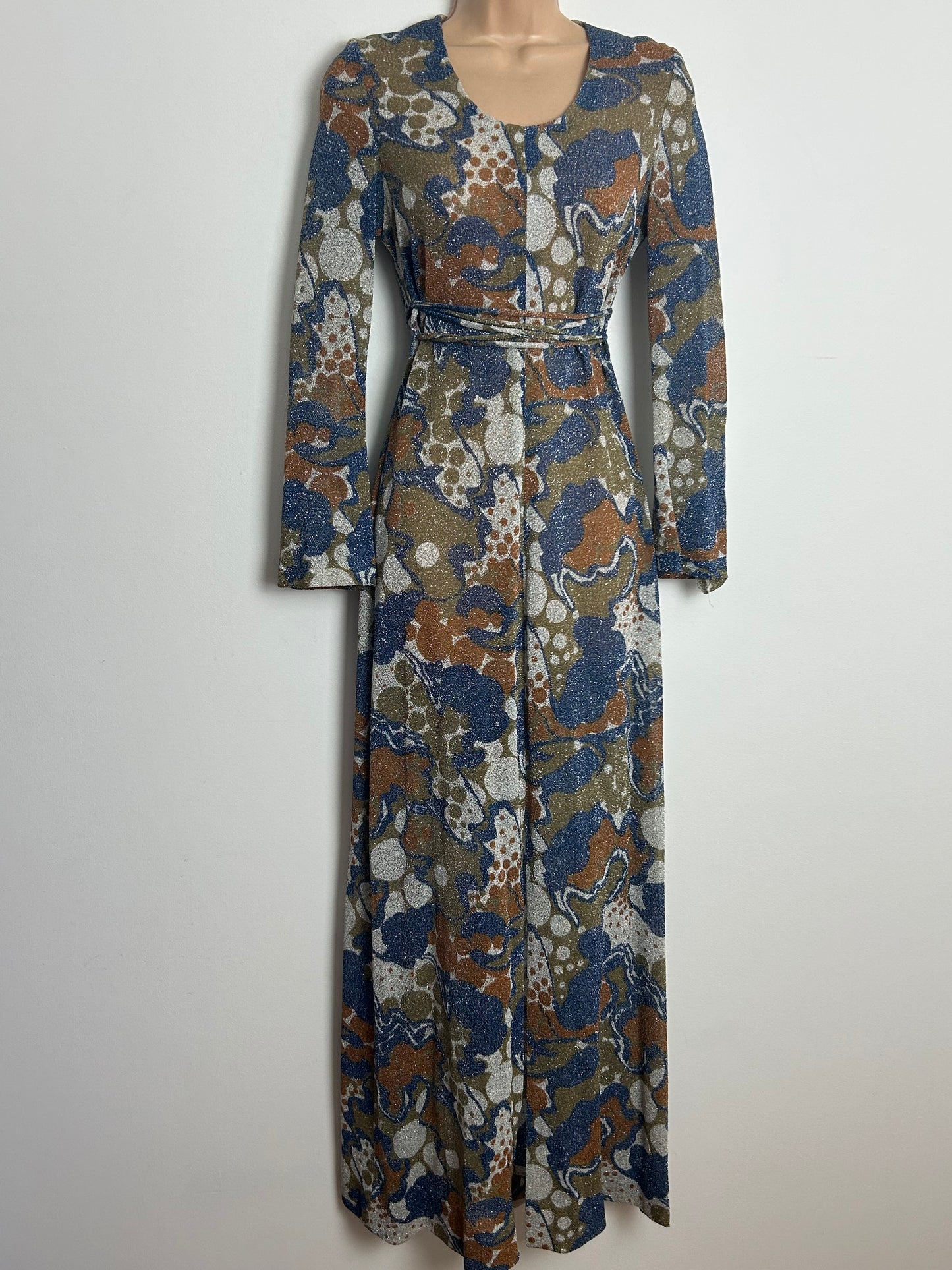 Vintage 1970s SKIVA Size 8 Blue & Brown Tones Abstract Print Lightweight Lurex Criss Cross Tie Fastening Maxi Dress