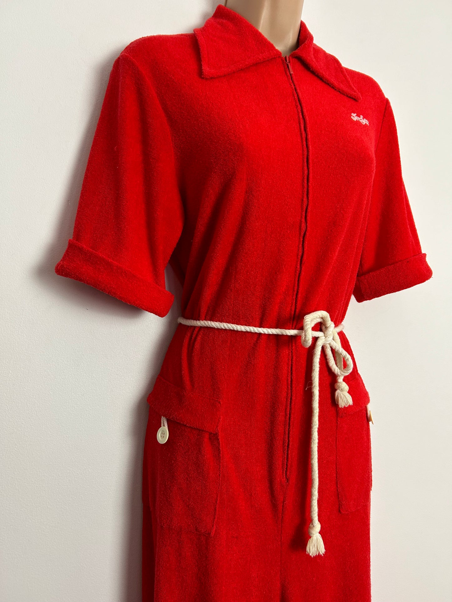 Vintage 1970s JER-SEA OF SWEDEN UK Size 12-14 Red Soft Towelling Belted Pocket Detail Zip Fronted Cuffed Ankle Jumpsuit
