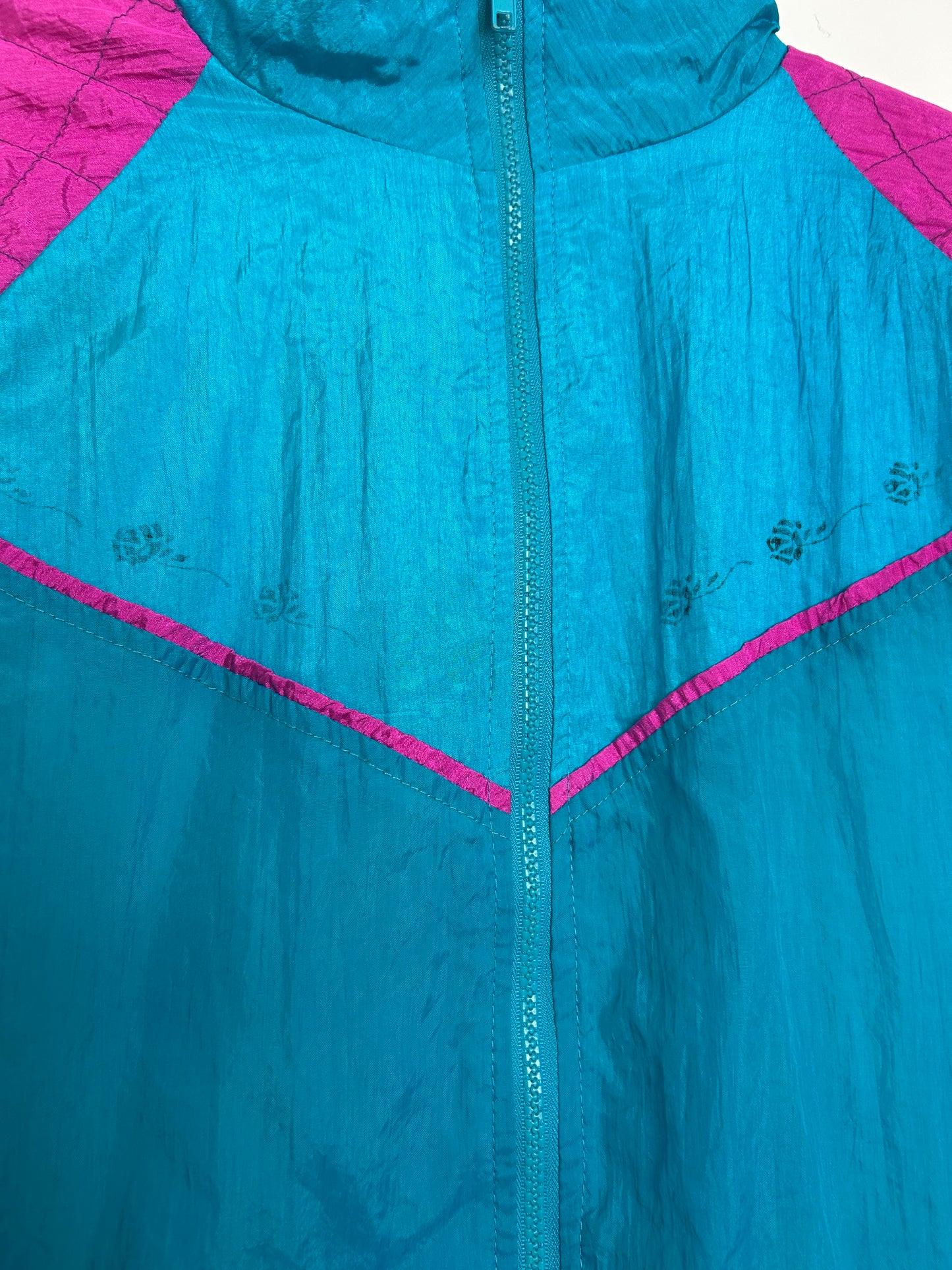 Vintage 1980s FASTLANE Size L (Up to 14) Teal Turquoise & Pink Shell Suit Jacket