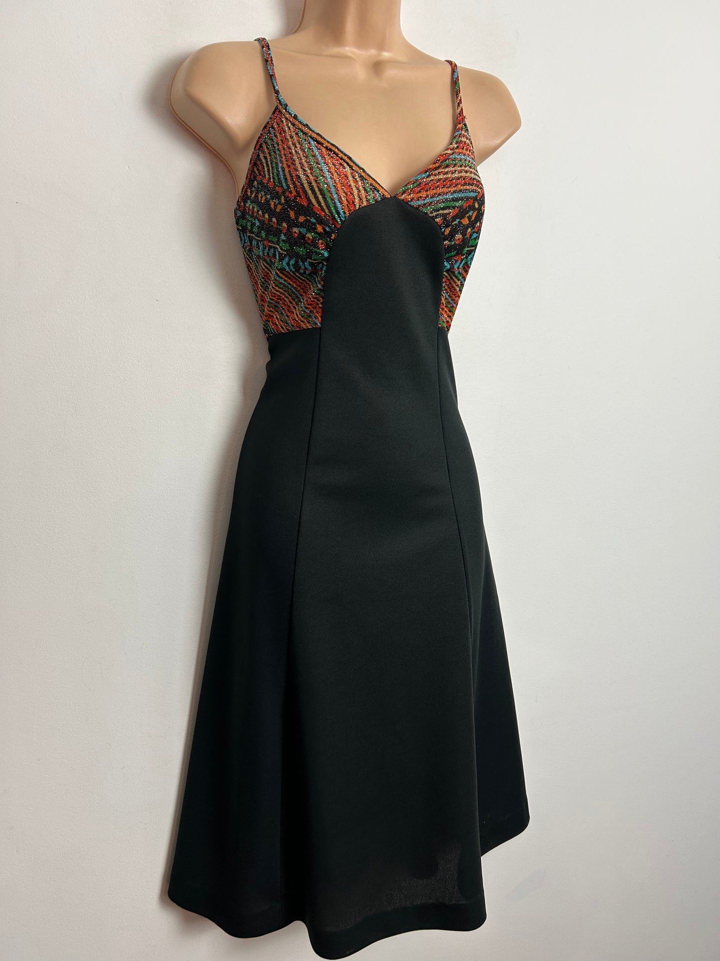 Vintage 1970s UK Size 10 Black Orange Green Blue Lurex Strappy Midi Party Dress