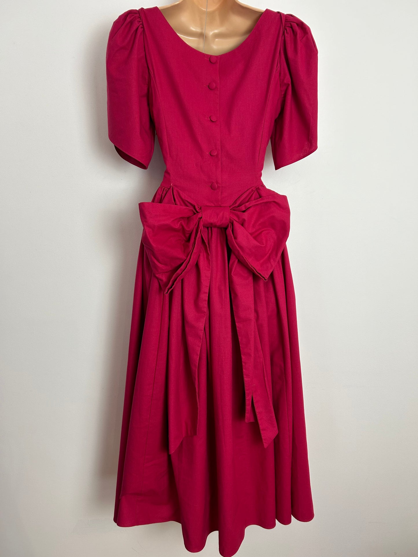 Vintage 1980s LAURA ASHLEY UK Size 8 Dark Pink Cotton Bow Back Midi Ballgown Dress
