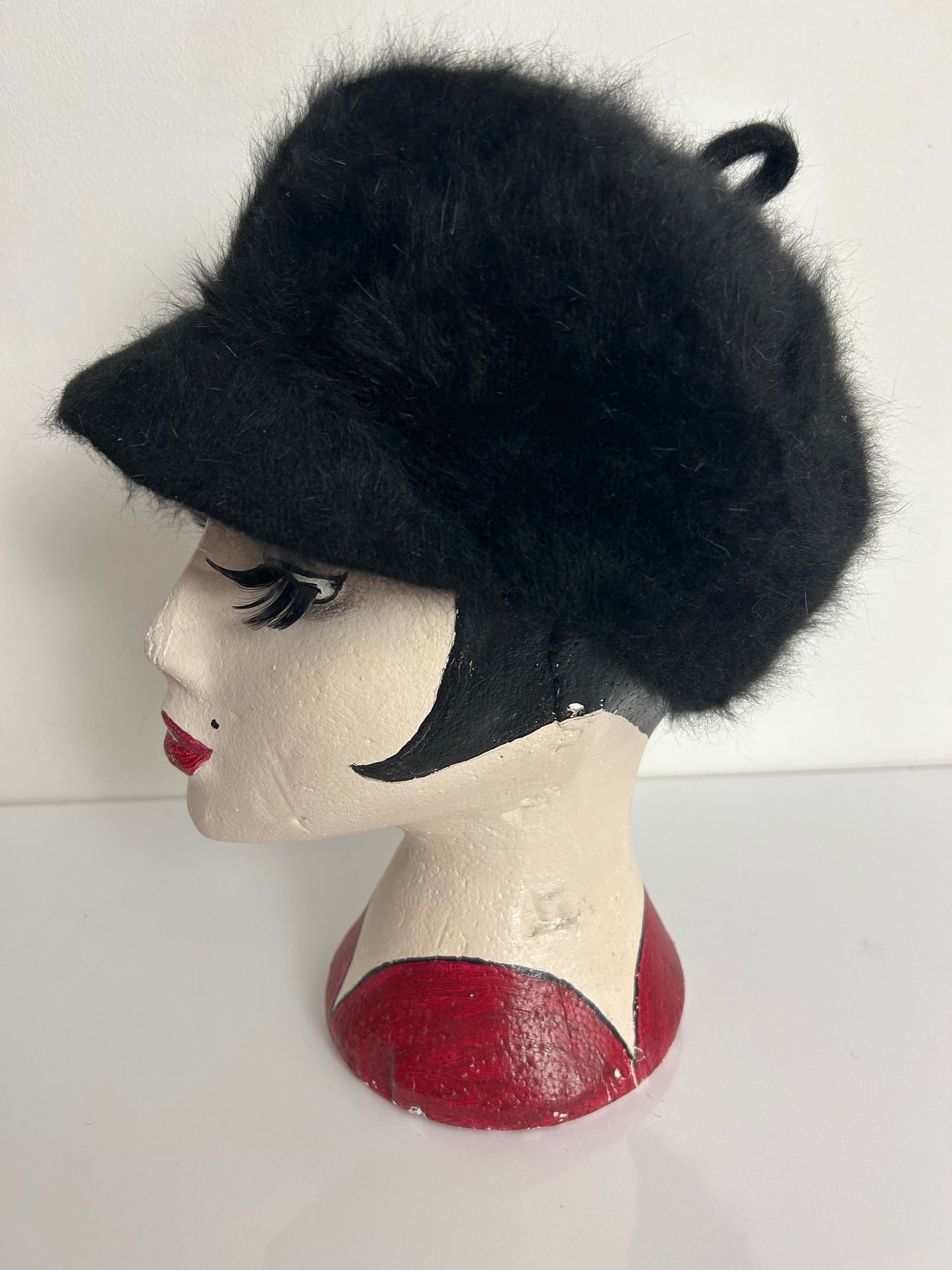 Vintage 1960s MAYSER MILZ Black Angora & Wool Mix Baker Boy Style Hat