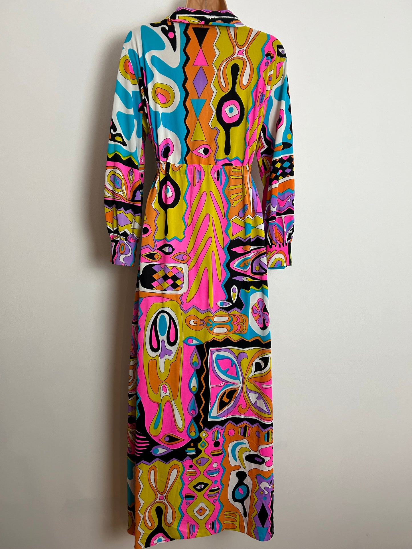 Vintage 1970s UK Size 8/10/12 Vibrant Pink Orange Blue Purple & Yellow Abstract Psychedelic Print Long Sleeve Maxi Dress