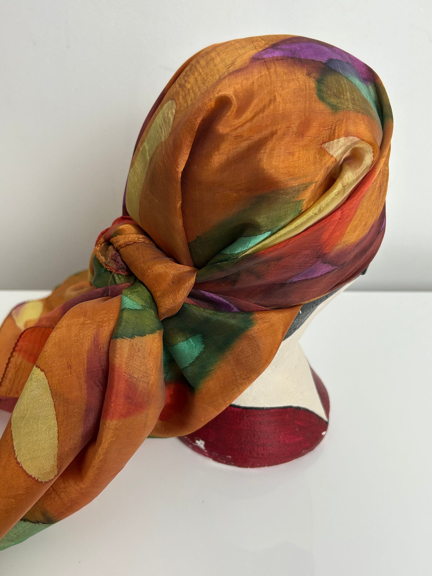 Vintage Orange Green Purple & Red Abstract Print Silky Chiffon Large Scarf 100cm x 92cm