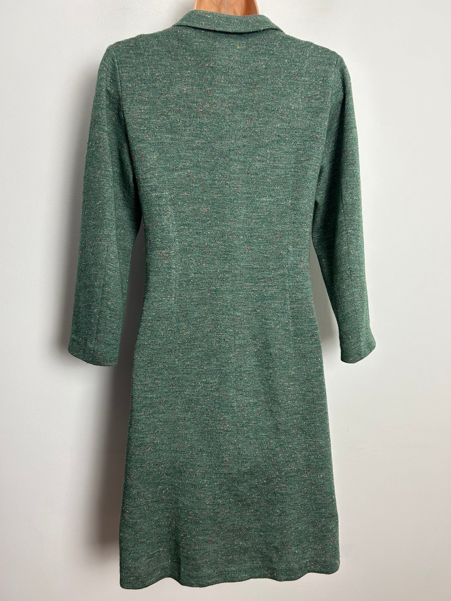 Vintage 1970s UK Size 12 Green Fleck Mod Long Sleeve Wool Jersey Day Dress