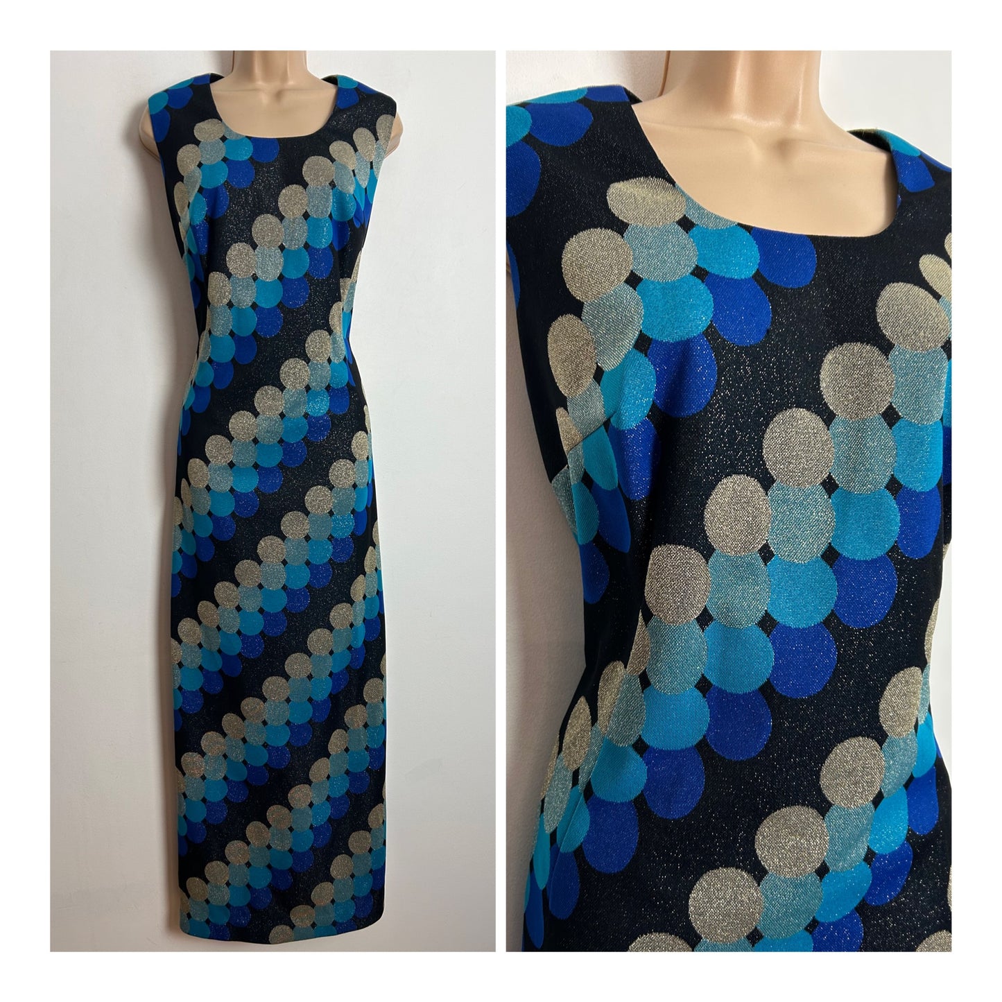 Vintage 1970s UK Size 12-14 Black Blue Silver & Gold Lurex Circle Print Sleeveless Colum Occasion Evening Maxi Dress