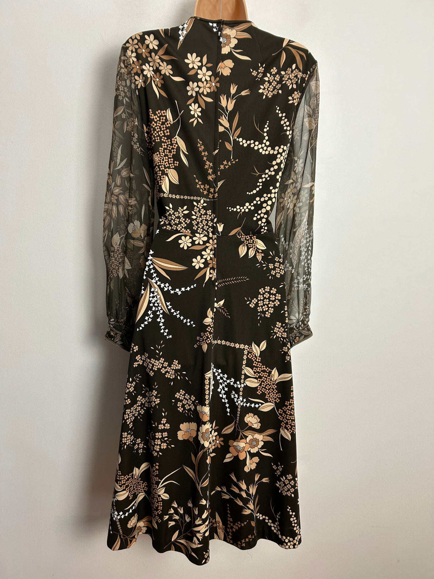 Vintage 1970s VERENA MODELLE UK Size 12 Brown Tones Floral Print Long Chiffon Sleeve Dress