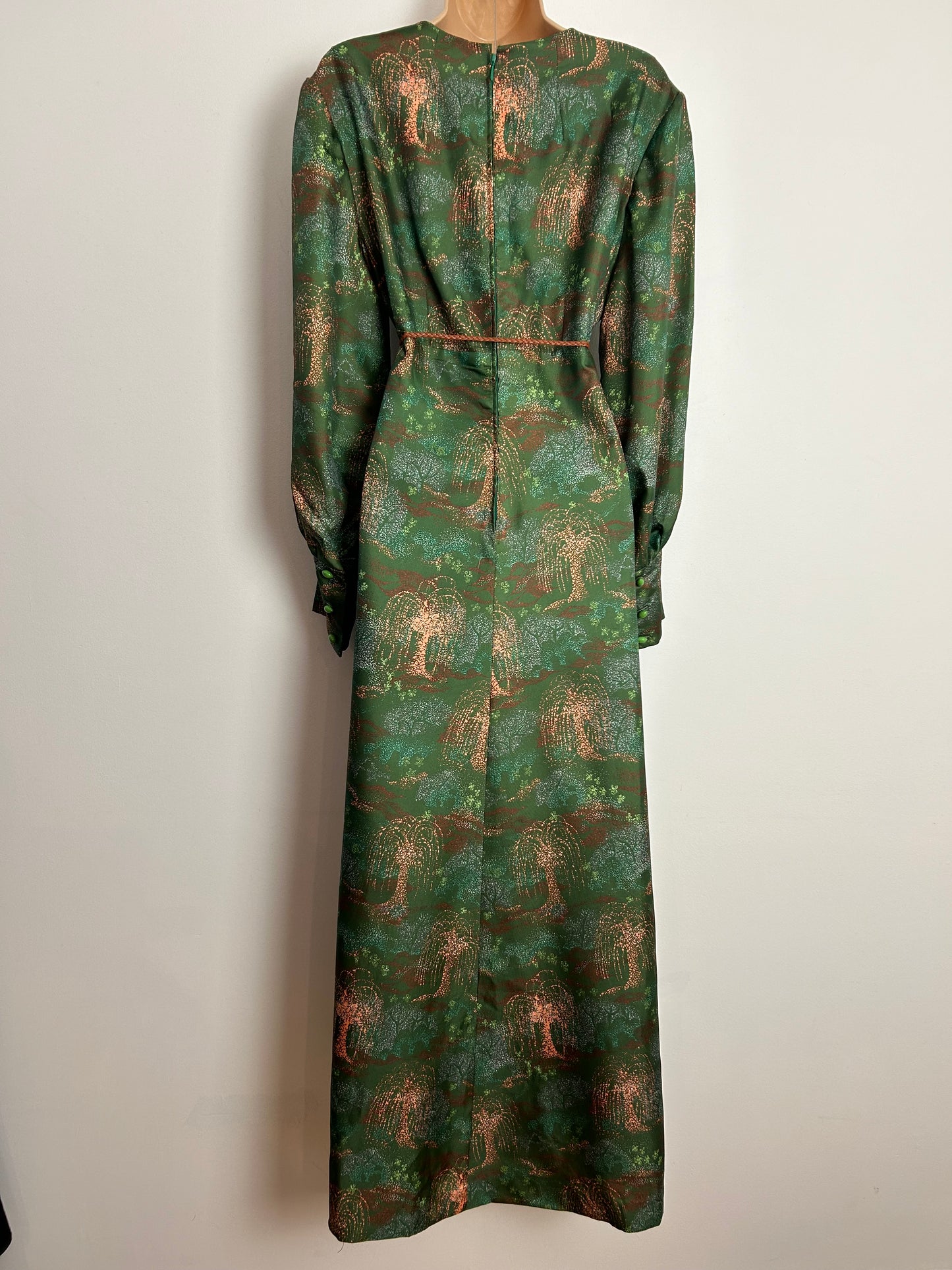 Vintage 1970s UK Size 16 Green & Coral Weeping Willow Tree Print Long Sleeve Boho Maxi Dress