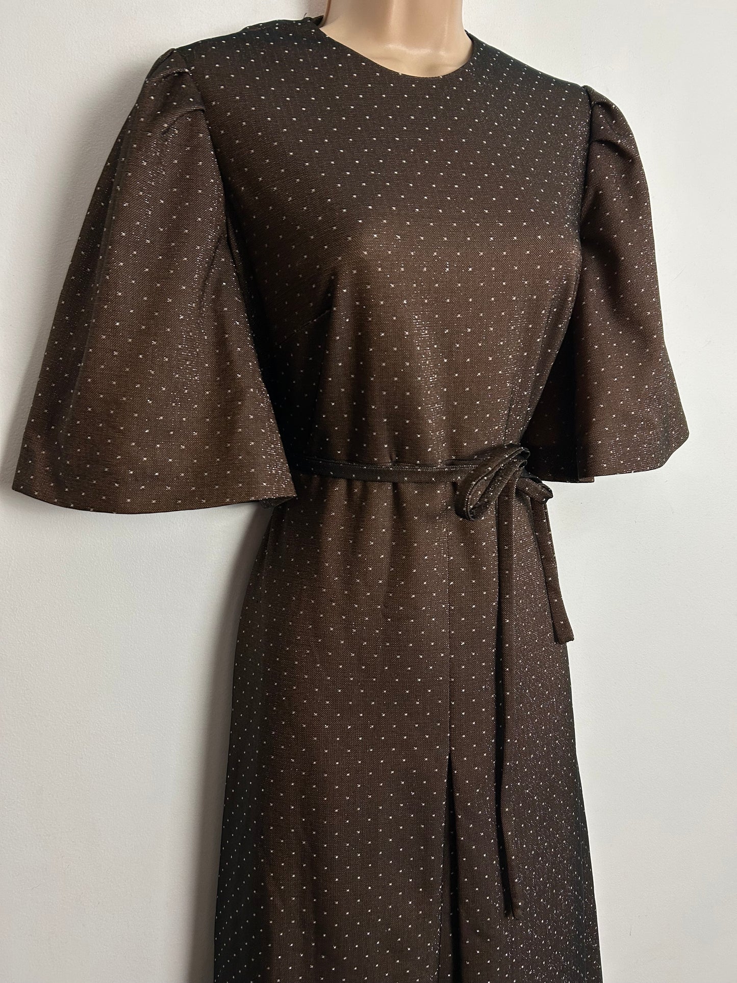 Vintage 1970s RICHARD BAKER UK Size 8 Brown & Silver & Polka Dot & Geo Pattern Lurex Maxi Dress