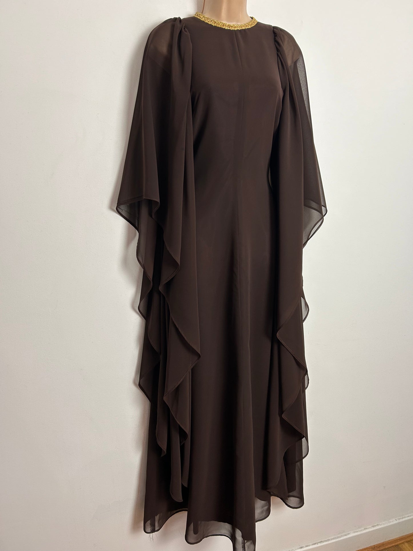 Vintage Late 1960s FIONA UK Size 10 Chocolate Brown Gold Braid Trim Very Wide Floaty Sleeve Occasion Maxi Dress