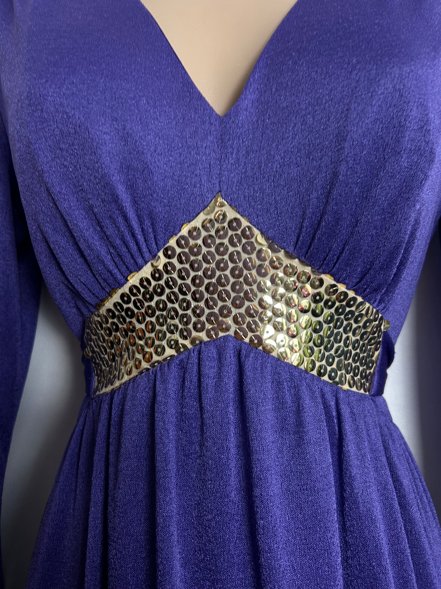 Vintage 1970s UK Size 8-10 Purple & Gold Sequin Trim Long Sleeve Tie Back Evening Maxi Dress