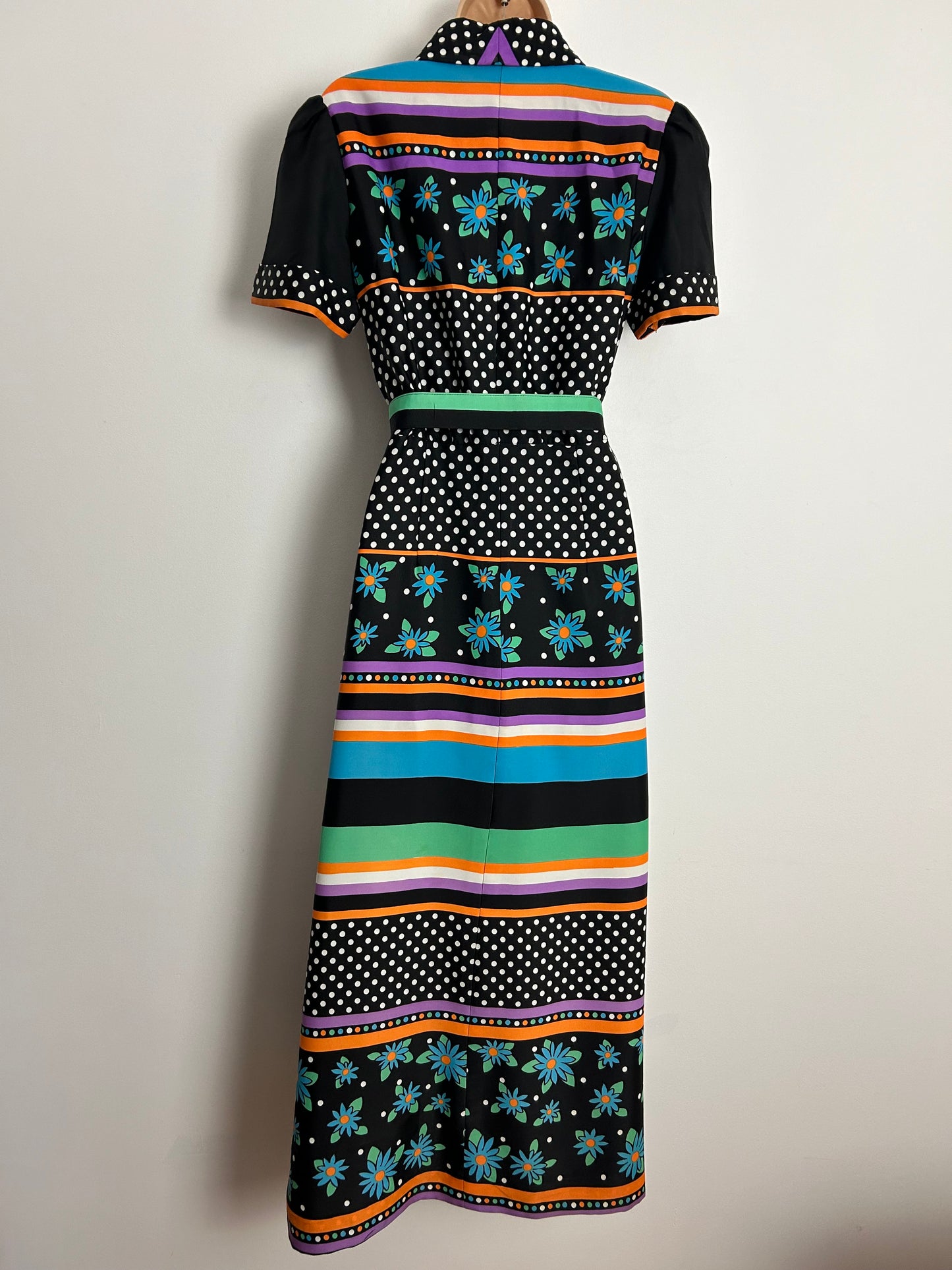 Vintage 1970s LADIES PRIDE UK Size 12-14 Black Green White Orange & Purple Stripe Floral & Polka Dot Print Belted Maxi Dress
