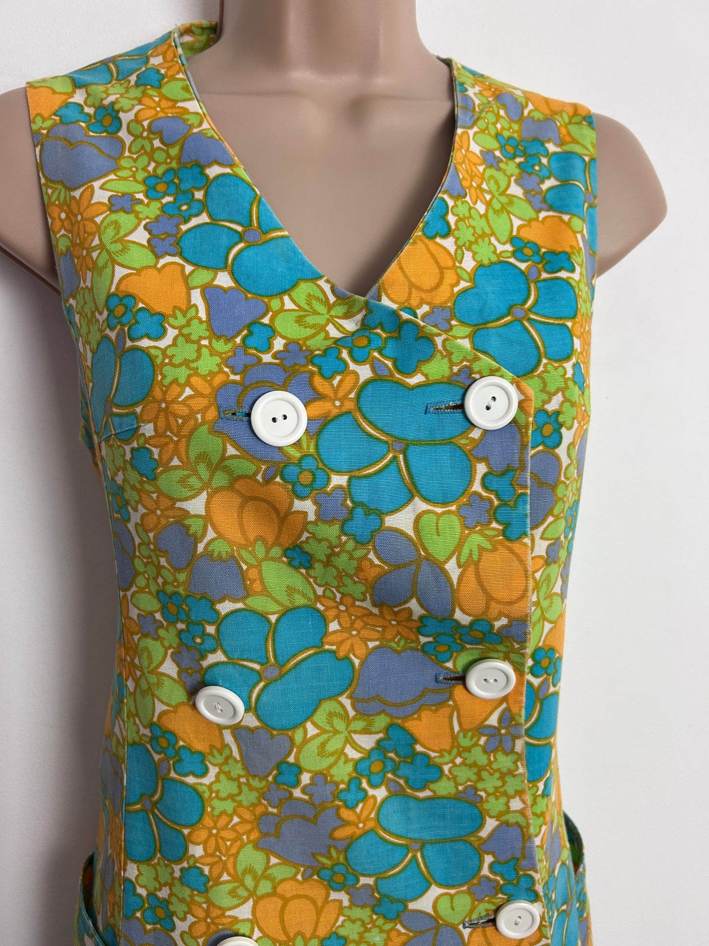 Vintage 1960s UK Size 8 Cute Blue Orange White & Green Floral Print Double Breasted Mini Mod Shift Dress