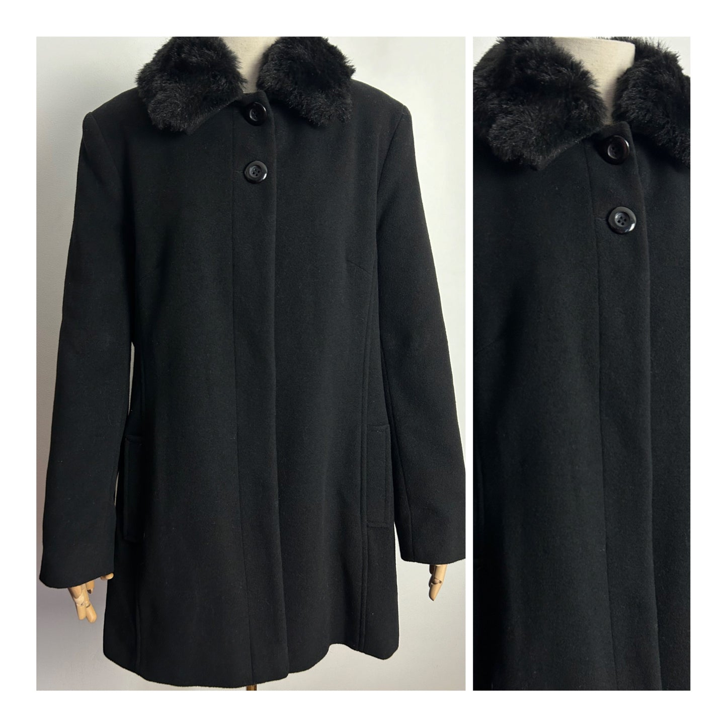 Vintage DAVID BARRY UK Size 14 Black Wool & Cashmere Faux Fur Collar (Detachable) Coat