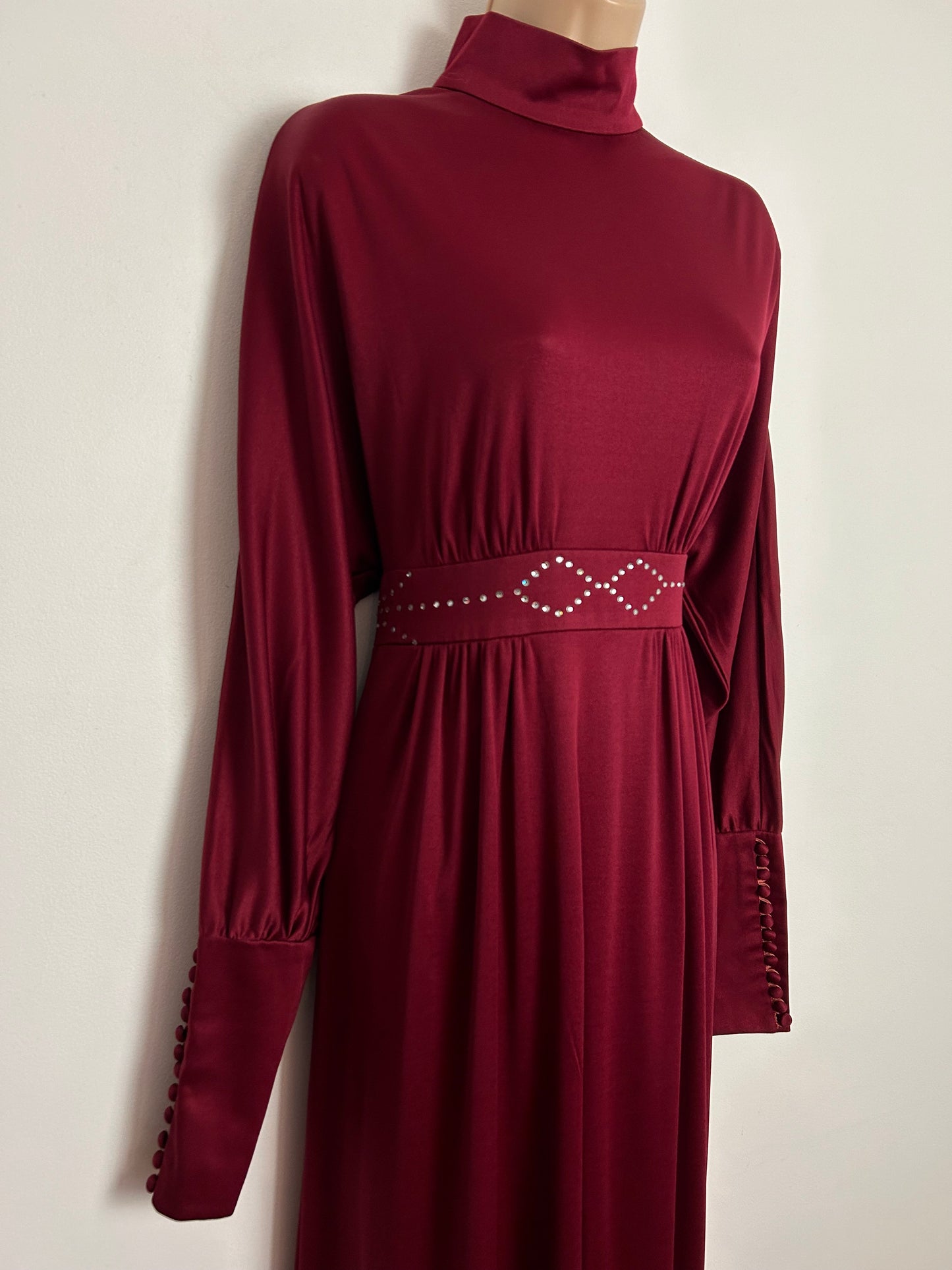 Vintage Late 1970s COCKTAIL HOFFMAN UK Size 12 Dark Red Long Dolman Sleeve Tight Cuffs Rhinestone Detail Occasion Evening Maxi Dress